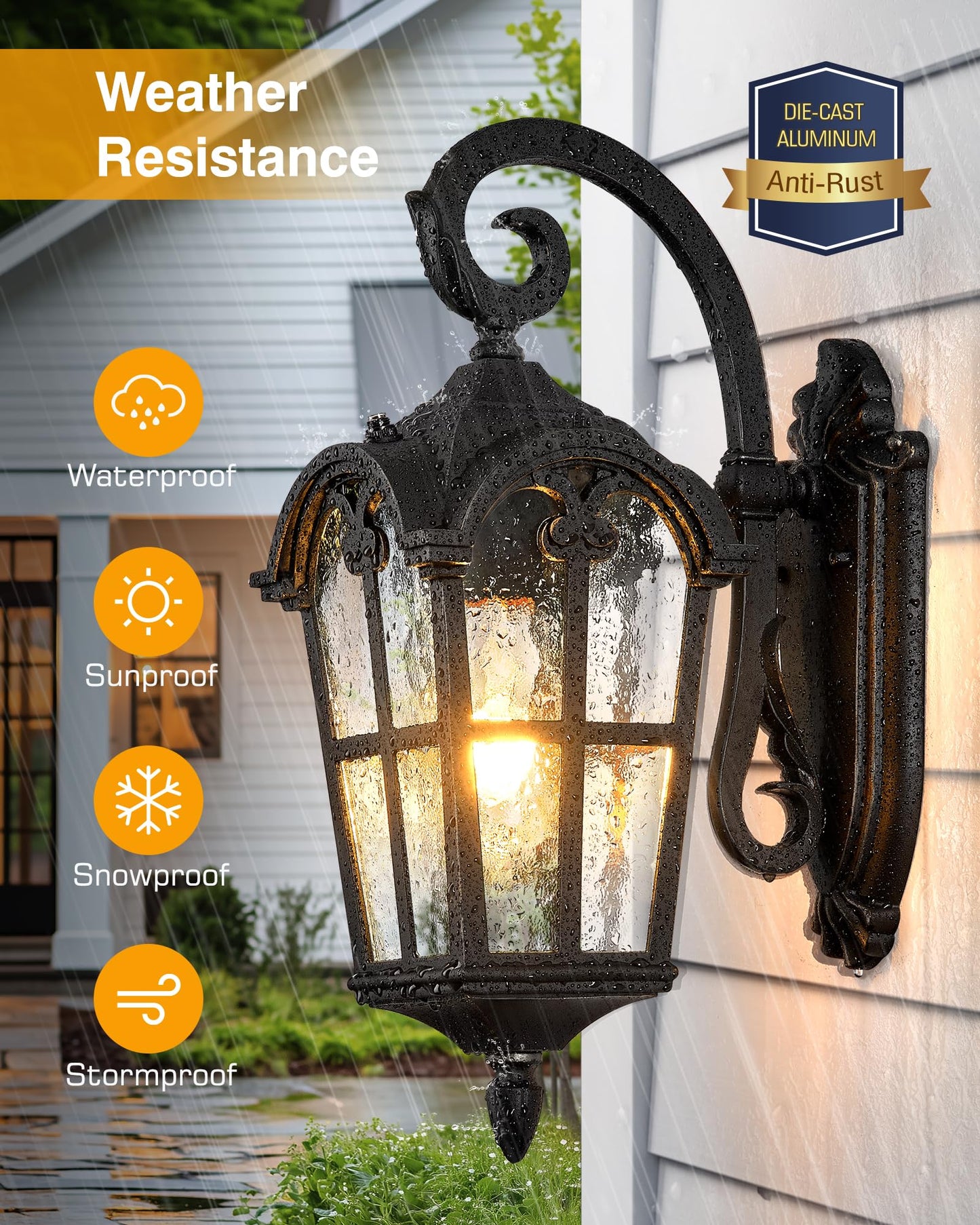VIANIS Outside Lights for House, Dawn to Dusk Light Fixture, Black Classic Wall Lantern Fixture with Water Ripple Glass, 100% Aluminum Outdoor Sconce Lights Wall Mount, Coach Light for Garage Porch