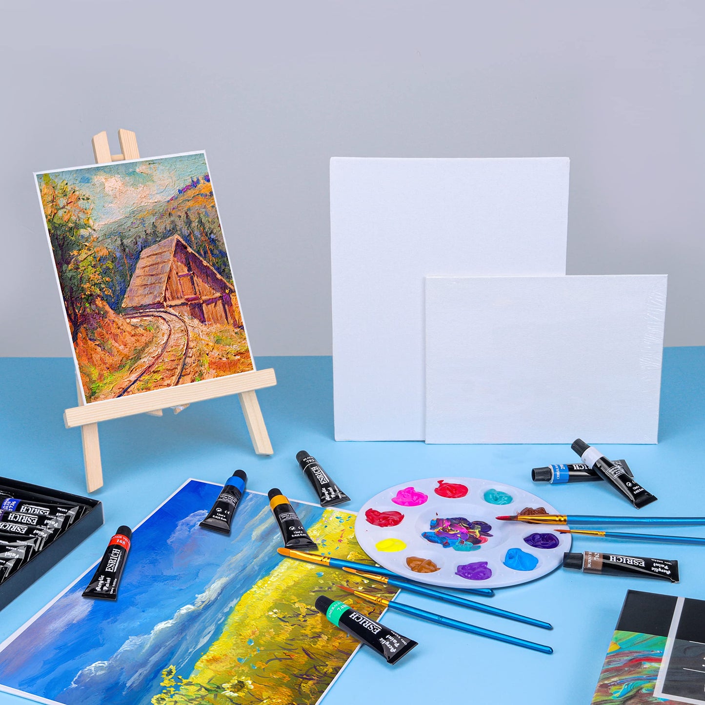 ESRICH Acrylic Paint Canvas Set,42 Piece Professional Premium Paint Kit with 1 Wood Easel,24Colors,10 Brushes,6 Canvases, Painting Supplies Kit for Artists and Beginner