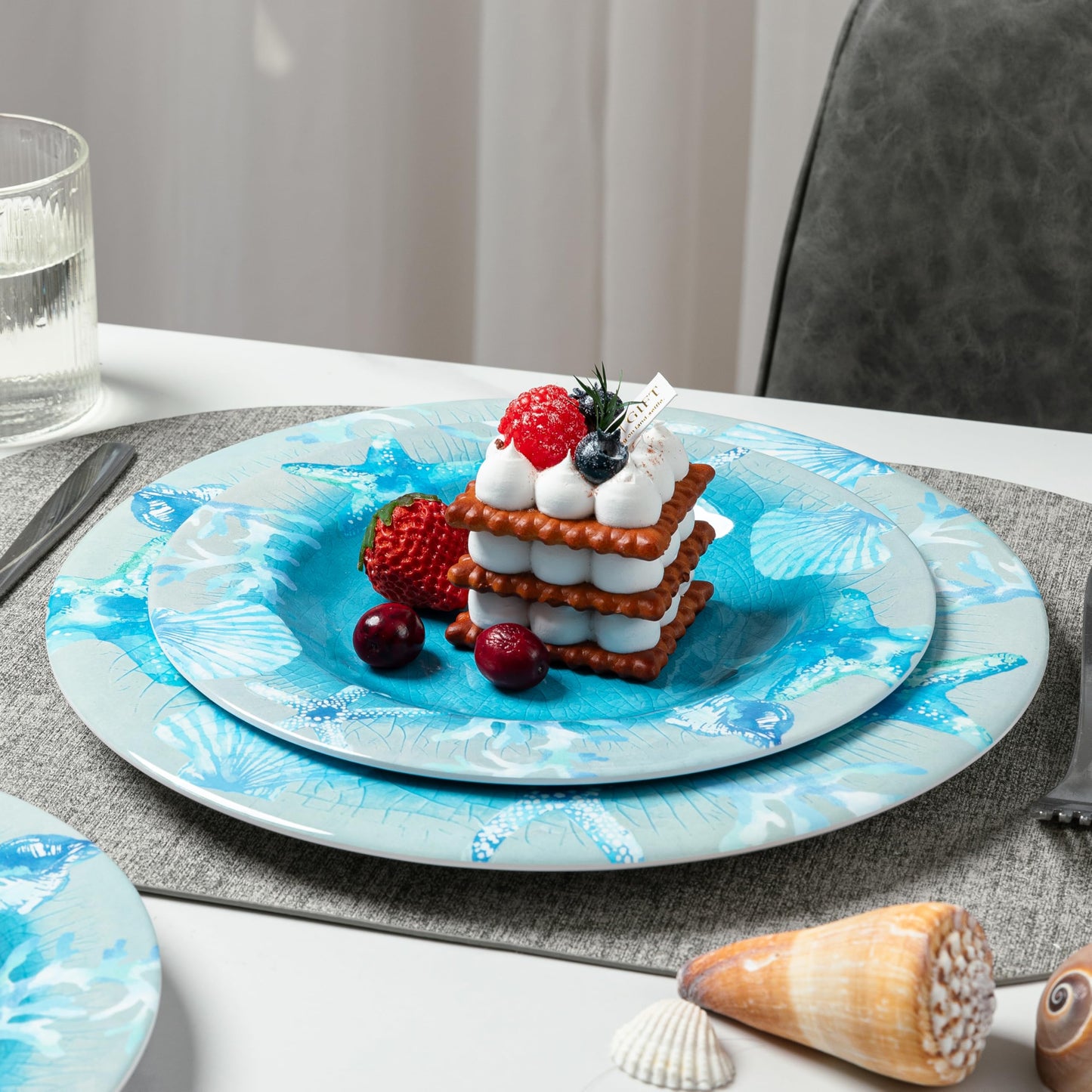 Melamine Dinnerware set, Unbreakable Plates and Bowls Set, Lightweight Chip Resistant 12 Piece Dishes Set for 4 Great for Camper, RV, Indoors Outdoors Use with Ocean Printed