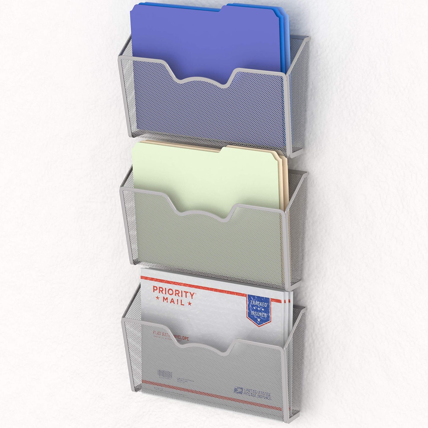 Simple Houseware Wall Mount Single Pocket File Organizer Holder, 3 Packs, Silver