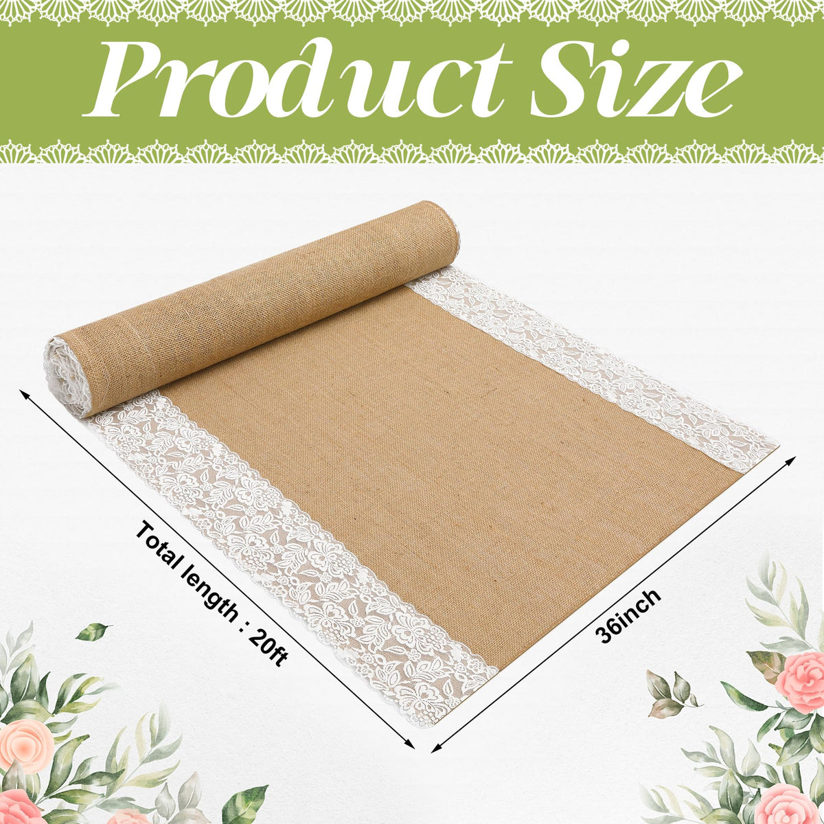 20 Ft x 36 in Natural Burlap Wedding Aisle Runner, Rustic Jute Weddings Runway Carpet with Lace, Ceremony Burlap Carpet Roll for Beach Garden Church Reception Craft Decor