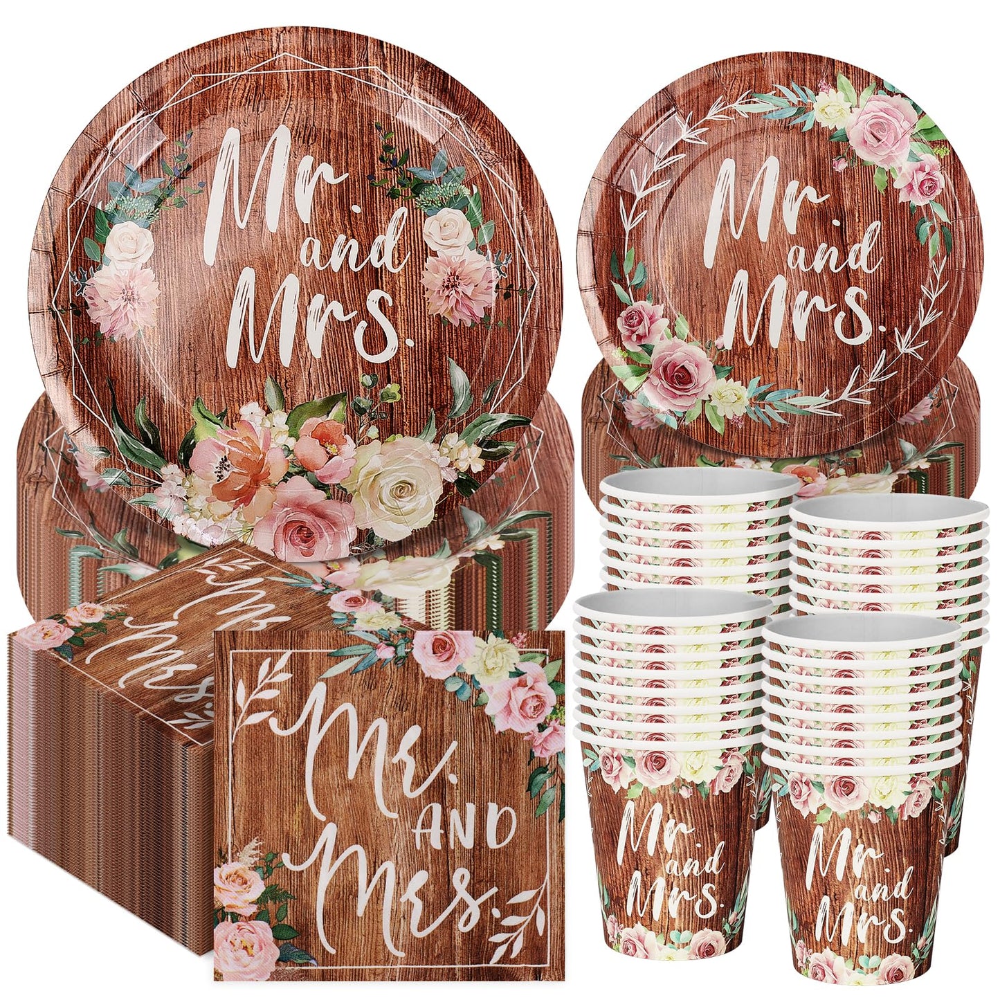 250 Pcs Bridal Shower Plates and Napkins Sets, 9'' Dinner Plate, 7'' Dessert Plate, 9 Oz Cup, Wedding Paper Plates for 50 Guests, Wedding Supplies Engagement Party Decorations - Retro Wood Grain