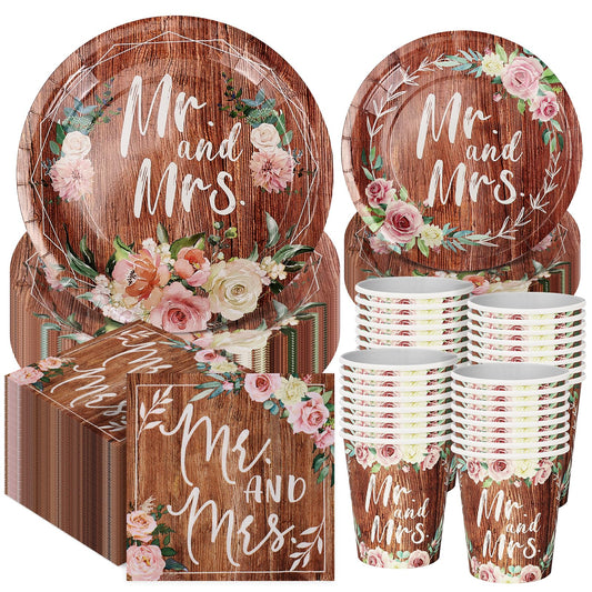 250 Pcs Bridal Shower Plates and Napkins Sets, 9'' Dinner Plate, 7'' Dessert Plate, 9 Oz Cup, Wedding Paper Plates for 50 Guests, Wedding Supplies Engagement Party Decorations - Retro Wood Grain