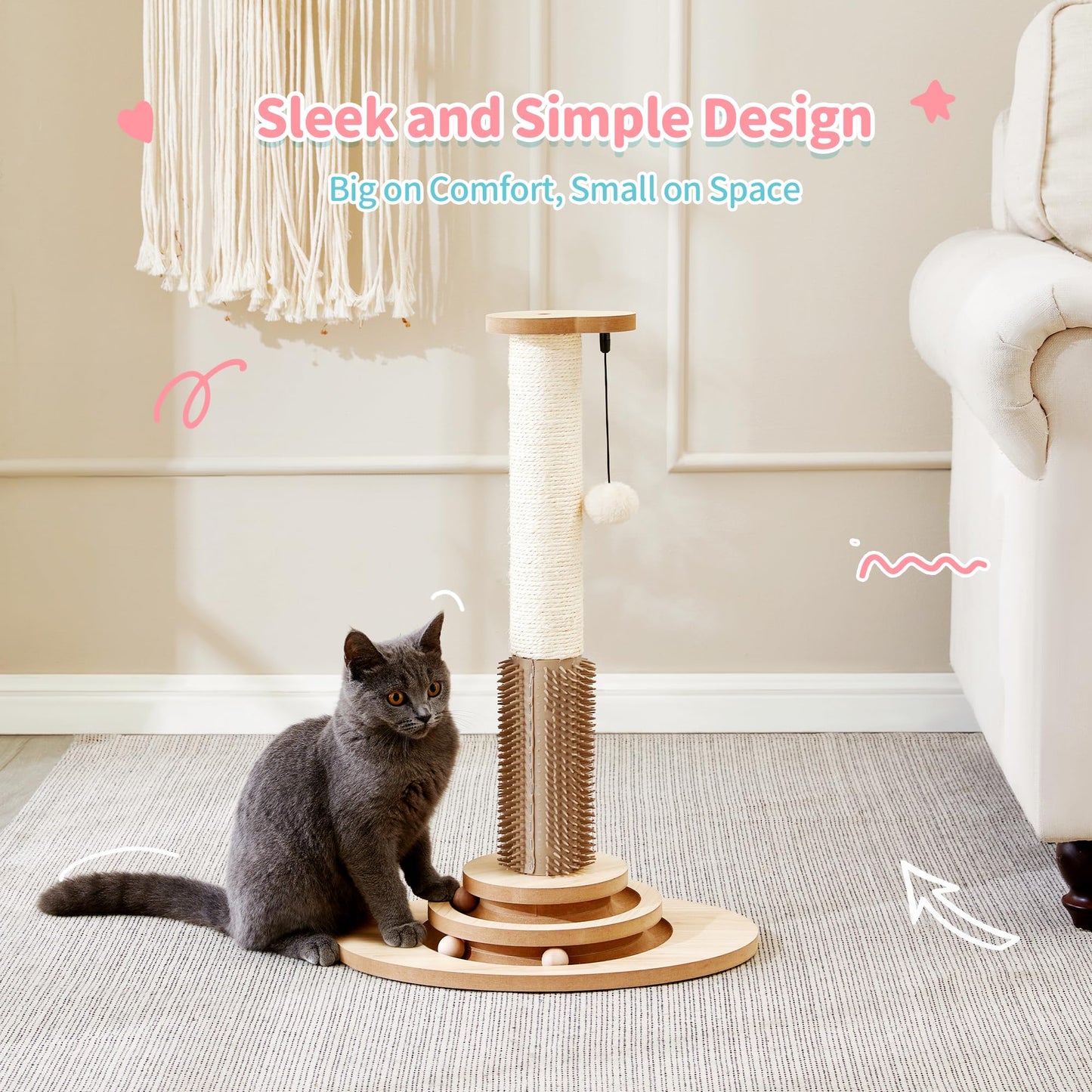 Made4Pets Wooden Cat Scratching Post with Interactive Toys & Brush Scratching Post for Indoor Cats/Kitten Toys 23" Tall Cat Scratcher with Dangling Plush Balls Modern for Medium/Small Cats