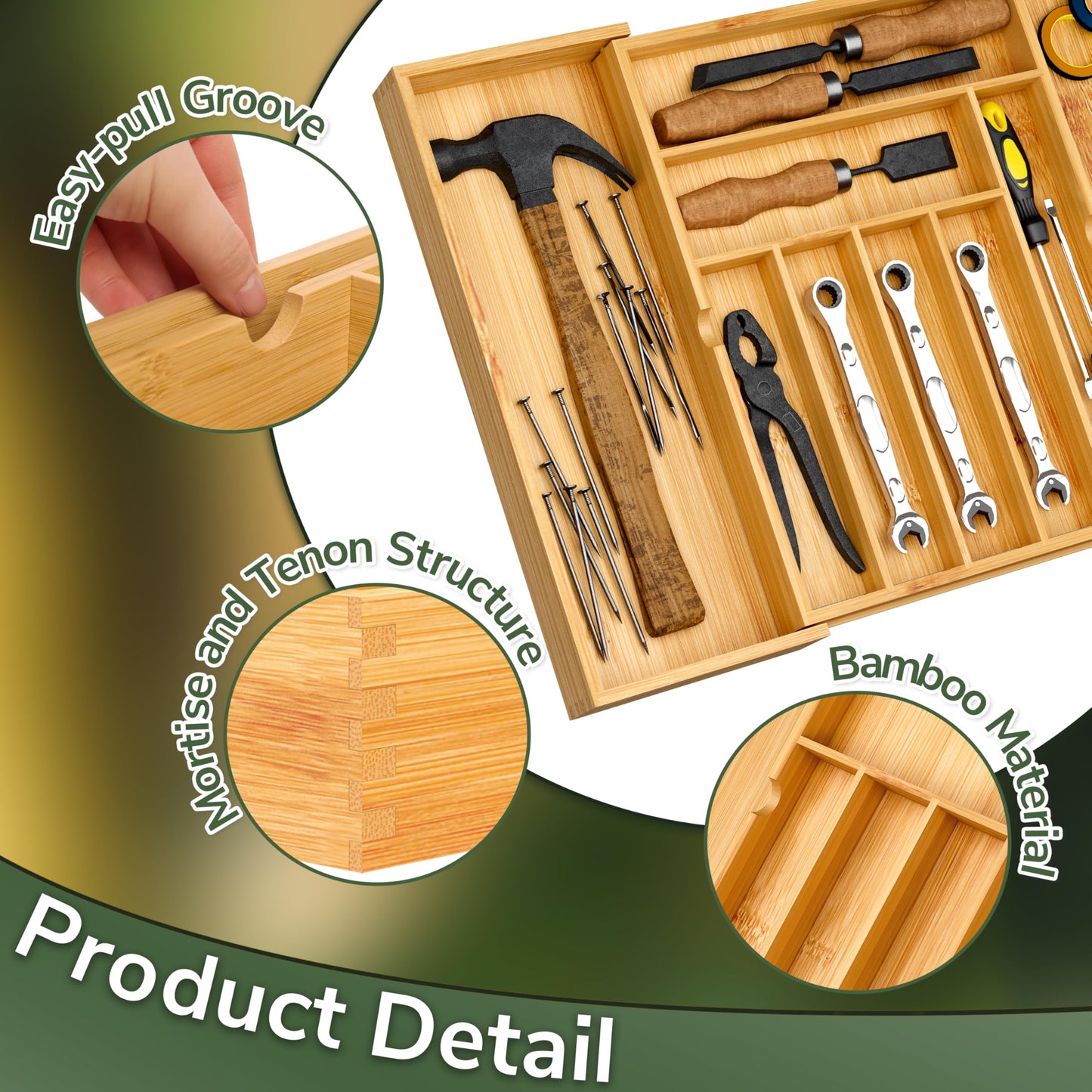 BAMEOS Utensil Drawer Organizer, Cutlery Tray Desk Drawer Organizer Silverware Holder Kitchen Knives Tray Drawer Organizer, 100% Pure Bamboo Expandable Adjustable Cutlery