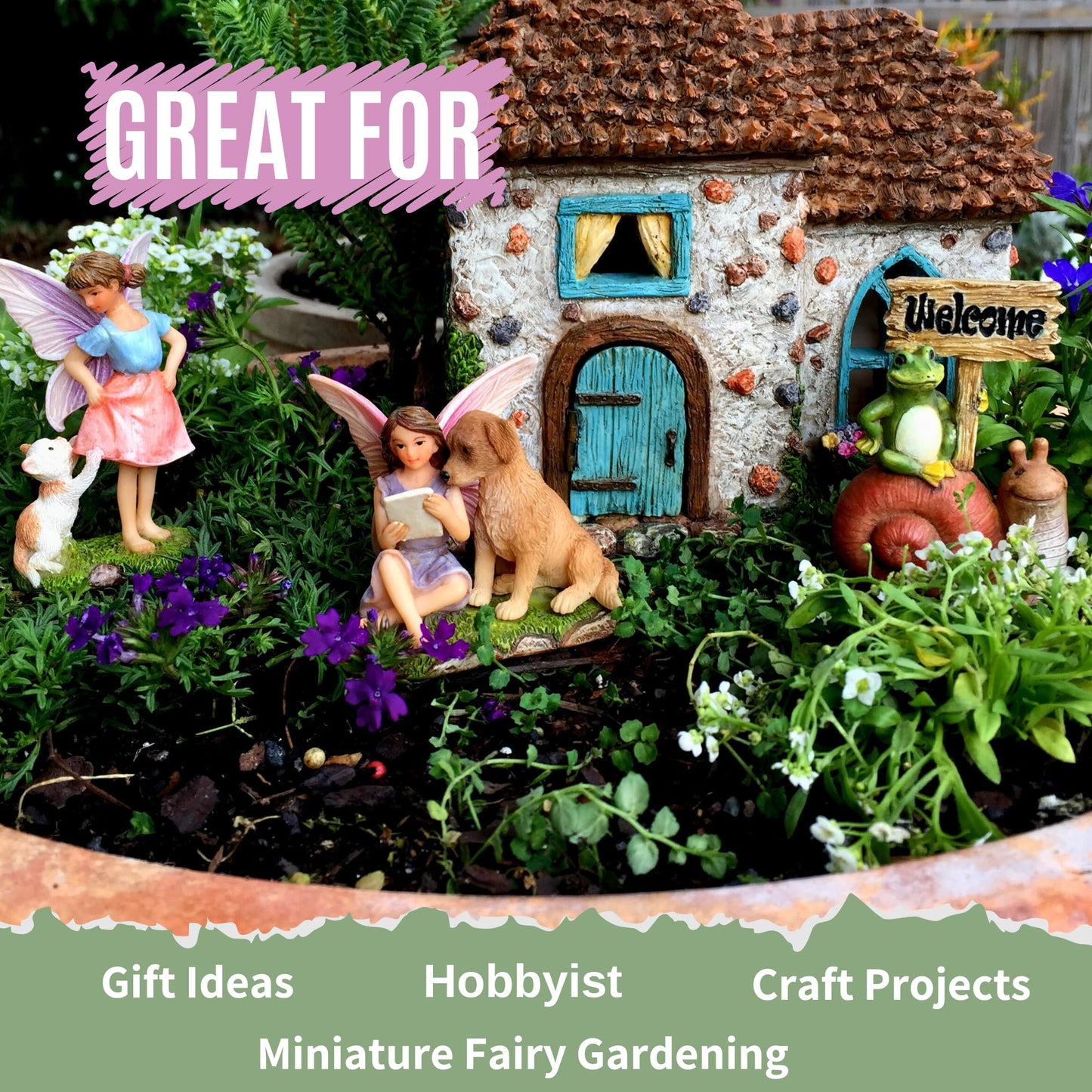 PRETMANNS Fairy Garden House Kit – Complete with Accessories for an Outdoor or Indoor Miniature Garden, Figurines with a Frog and Snail Sign - House 6.5” High with Door That Opens – 4 Pieces