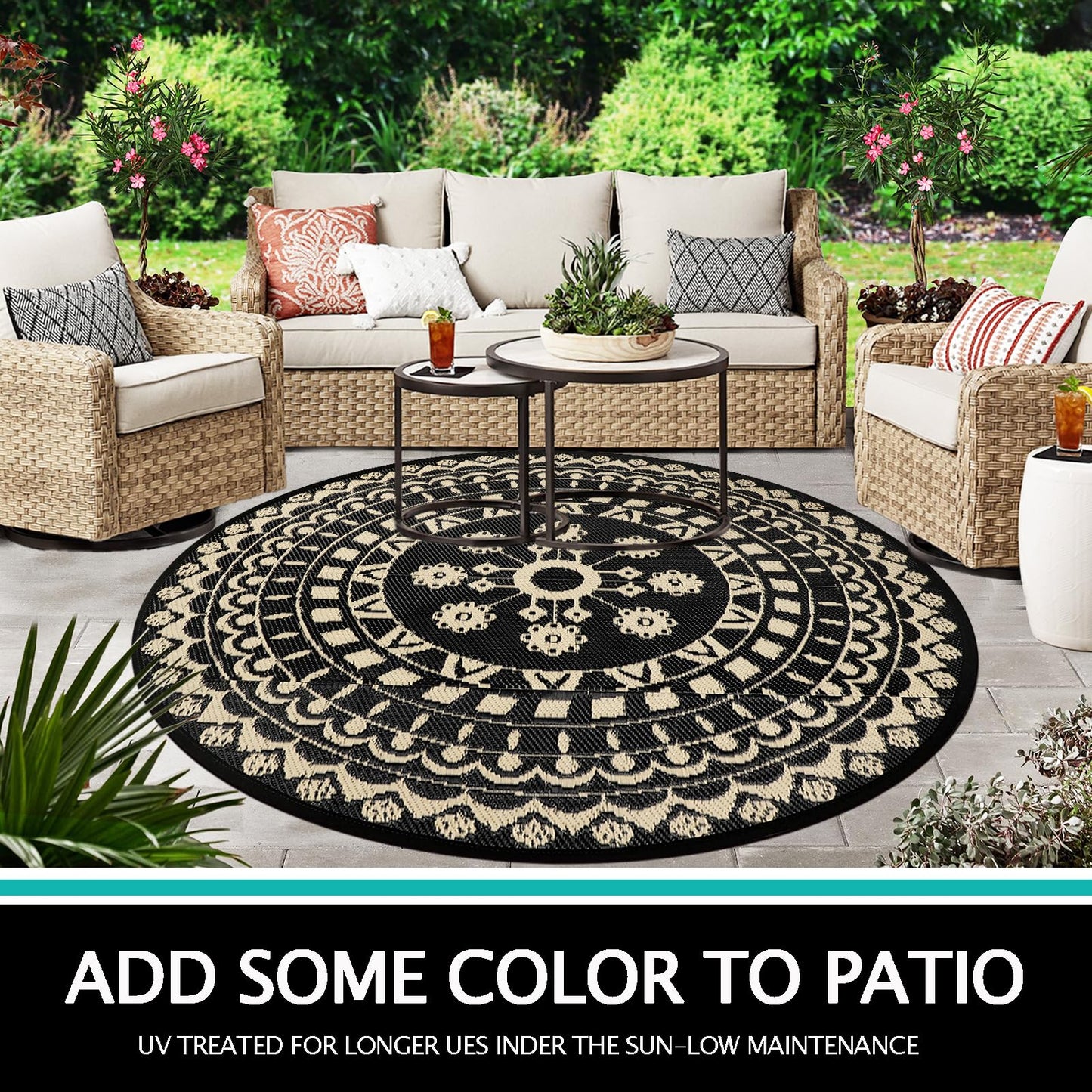 Capslpad 6'x6' Outdoor Rug for Patio Reversible Mat Waterproof Plastic Straw Rug Boho Circle Indoor Outside Area Rug for RV Camping Picnic Pool Tent Balcony Beach Deck Doormats Decor