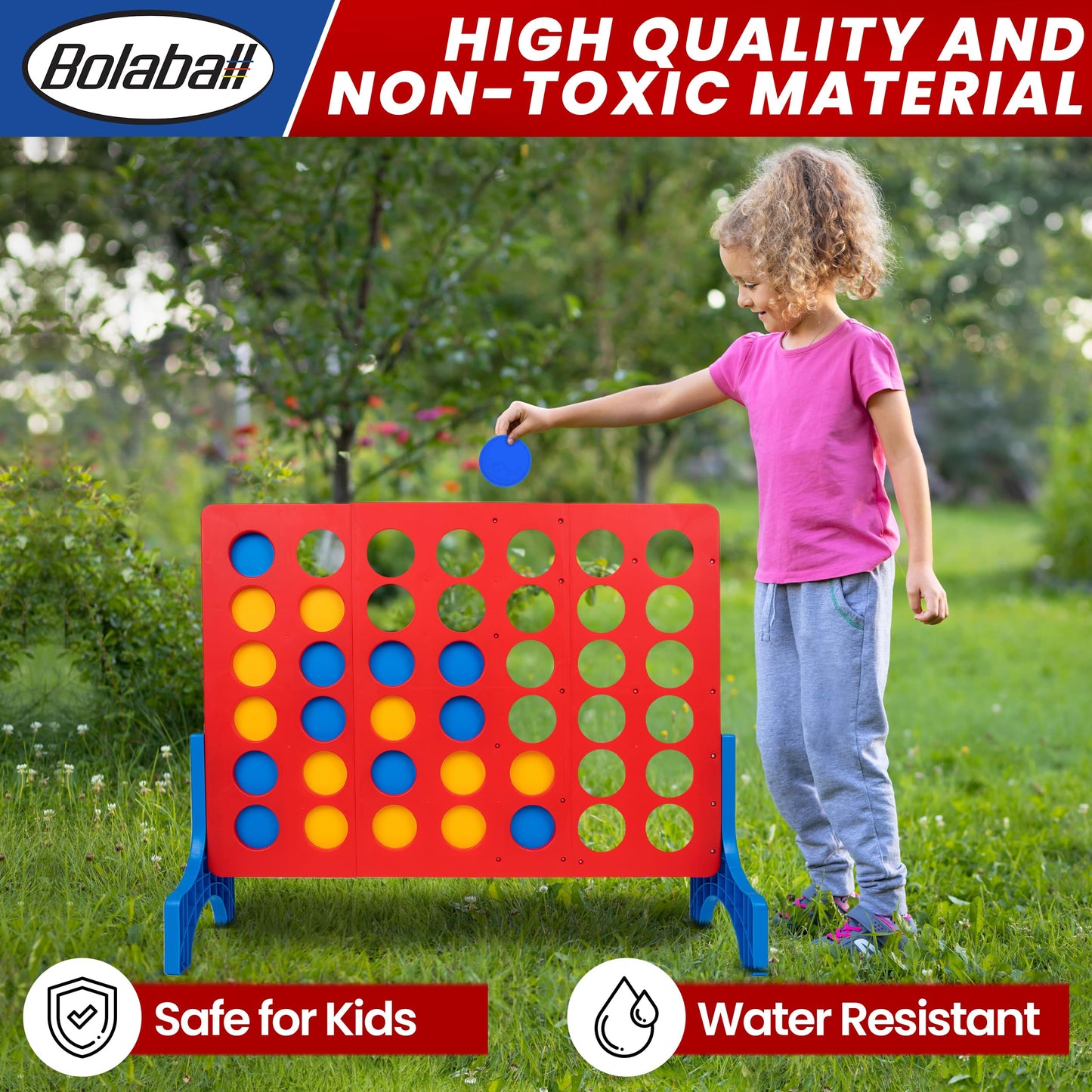 Bolaball Giant 4 Connect in a Row | Big Indoor/Outdoor Four in a Row Board Game | Kids and Family Edition | Jumbo Size 27 in by 22 in. | Red, Blue, and Yellow