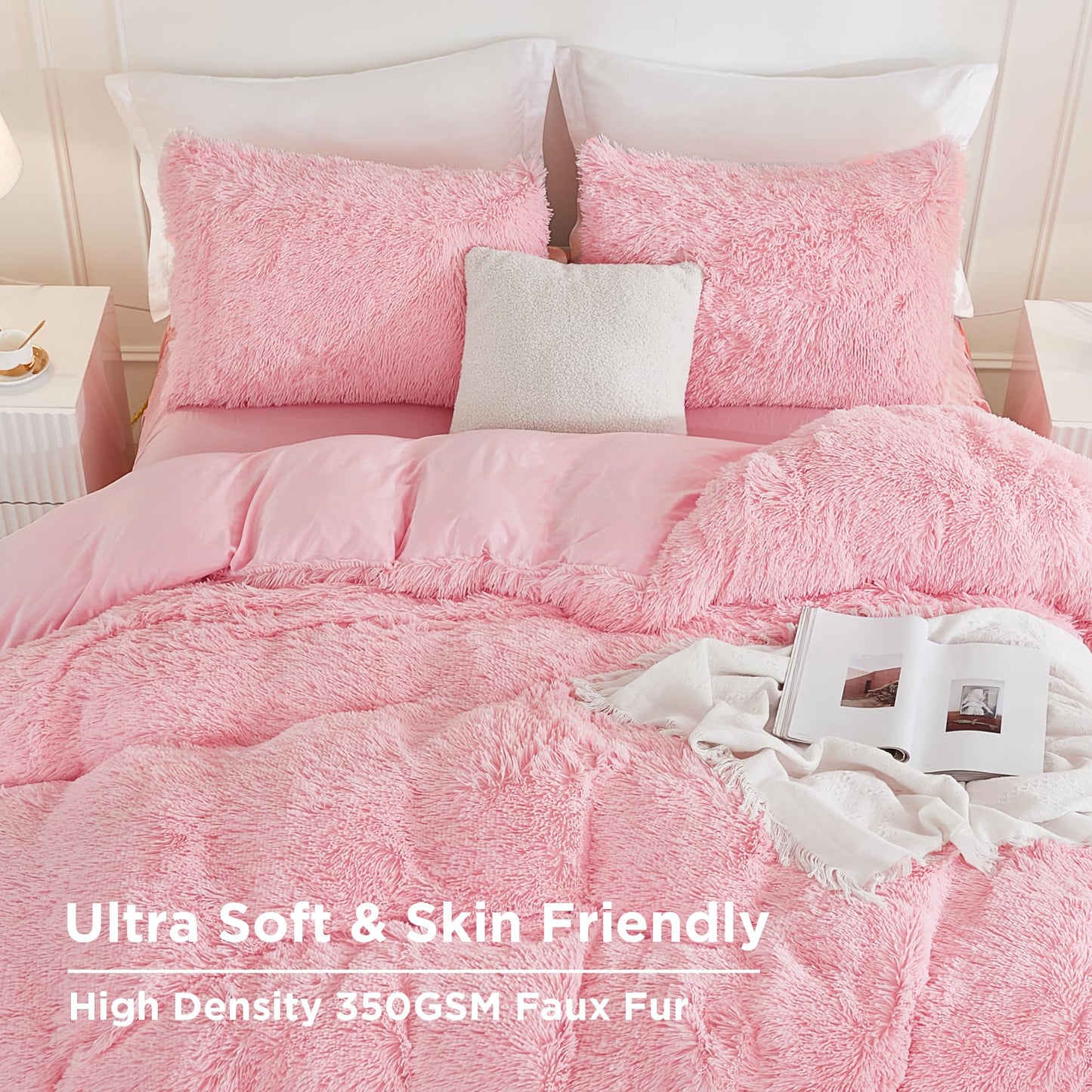 Andency Faux Fur Pink Comforter Set Queen Size, 3 Pieces Fluffy Fuzzy Plush Bedding Comforter Set (1 Shaggy Velvet Comforter & 2 Pillowcases), Soft Puffy Comfy Down Alternative Comforter Bedding Set