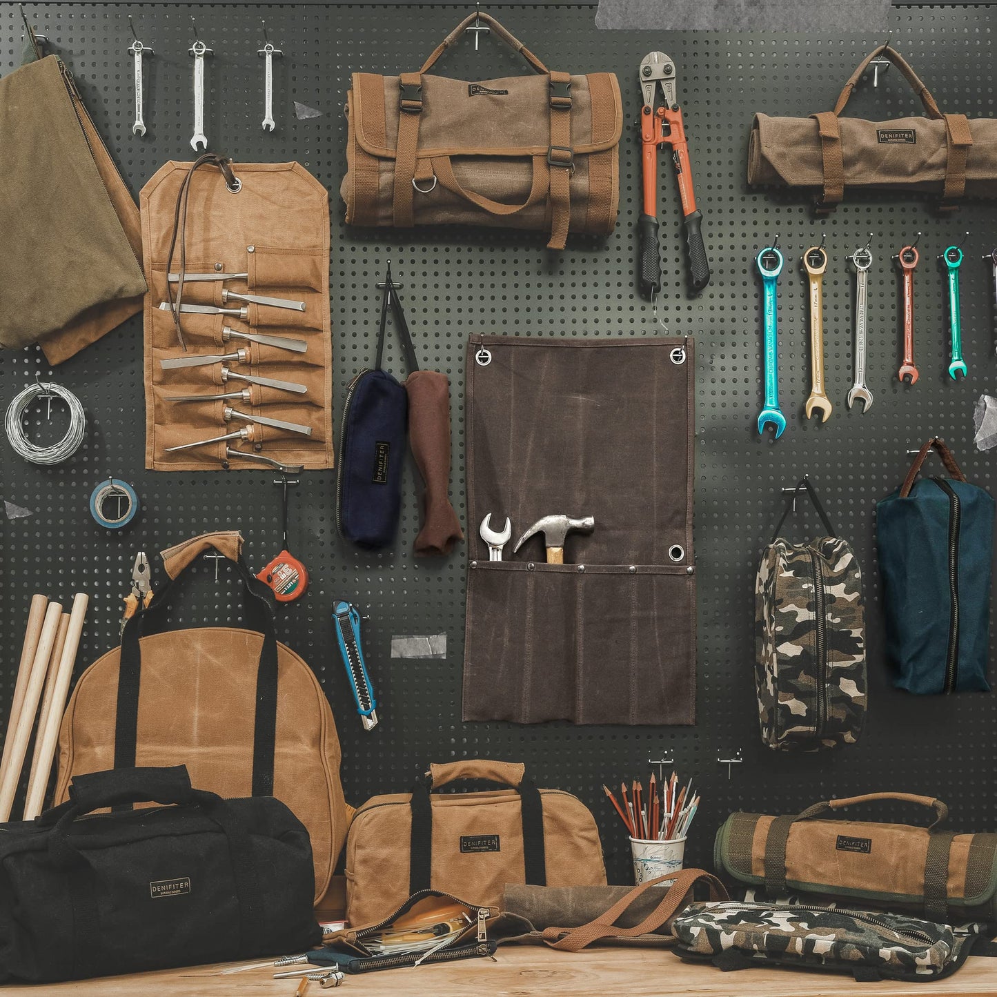 Wrench Roll Up Pouch, Heavy Duty Waxed Canvas Tool Bag Tool Organizer Roll With 20+4 Pockets (Brown)