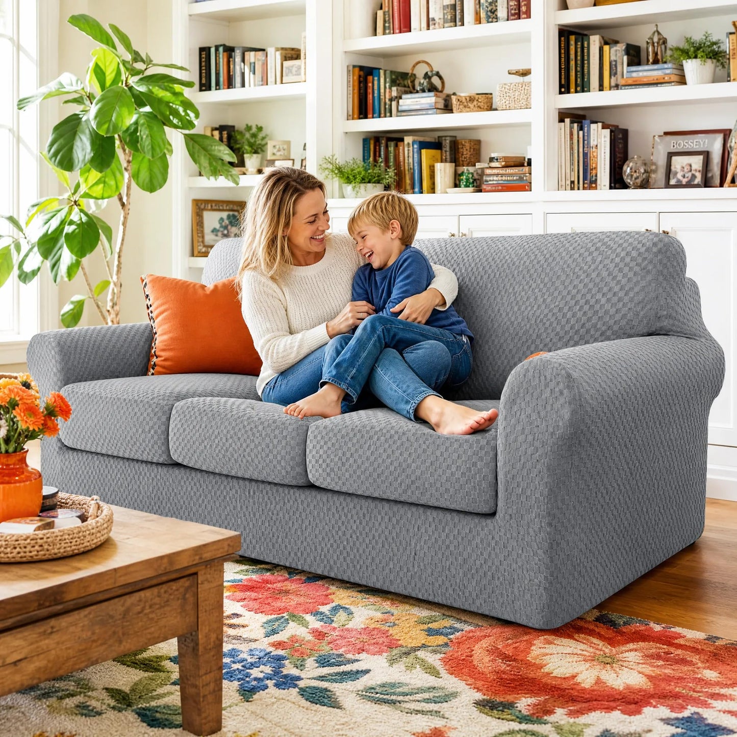 YEMYHOM Latest Checkered 4 Pieces Couch Covers for 3 Cushion Couch High Stretch Thickened Sofa Cover for Dogs Pets Anti Slip Elastic Slipcovers Living Room Furniture Protector (Sofa, Light Gray)