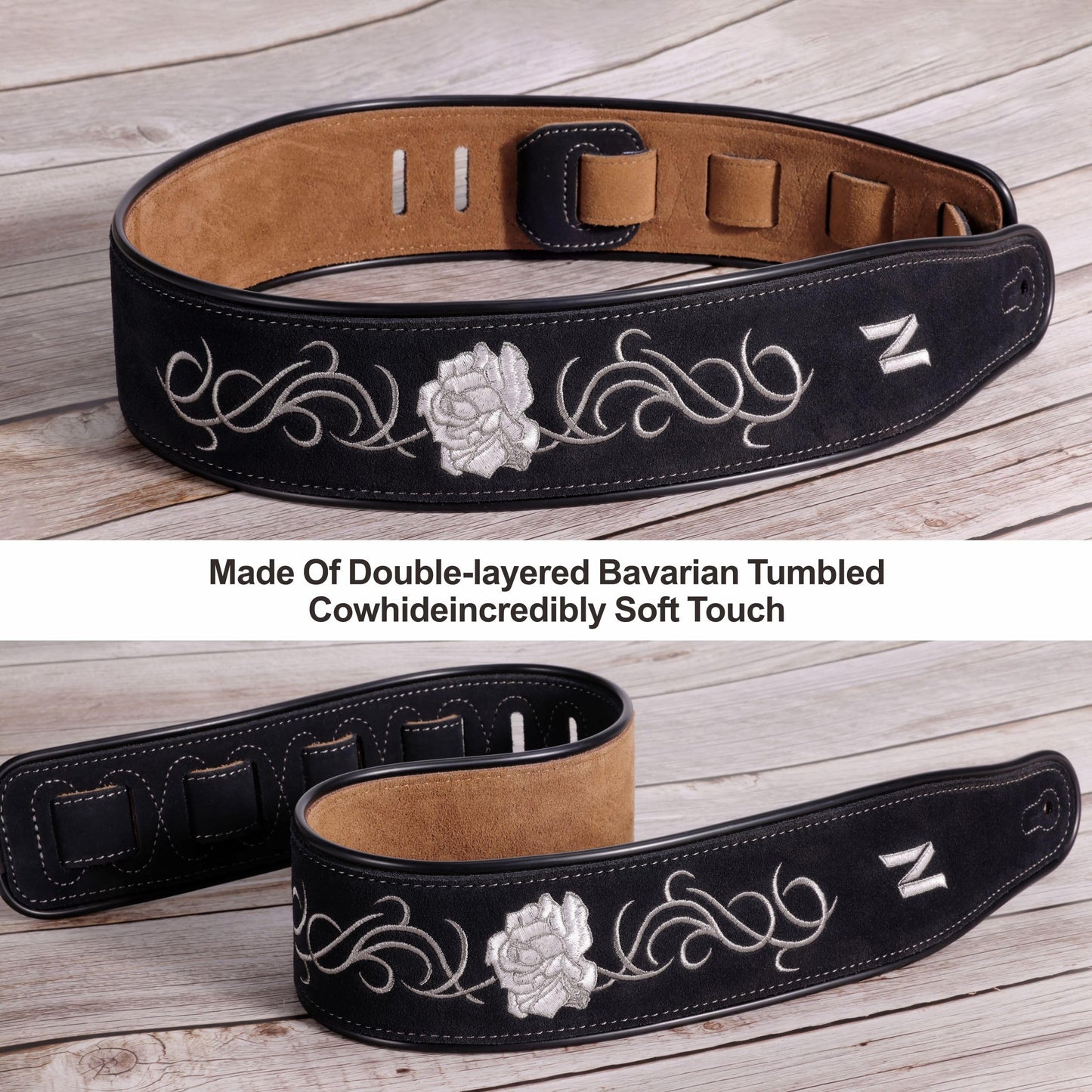 Nefelibata Guitar Strap with Vintage Rose Embroidery, 2.7" Wide Double Layer Bavarian Tumbled Cowhide Guitar Strap with Foam Padding for Kids, Male and Female Acoustic, Bass and Electric Guitars