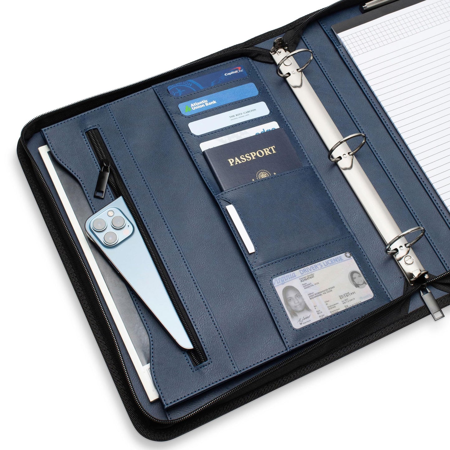 Forevermore Portfolios Portfolio Organizer - 3 Ring Binder with Notepad - 1.5 Inch Rings - Zippered Storage Pockets for Papers, Travel Documents, Presentation Folder, Cards, Passport, Tickets - Blue