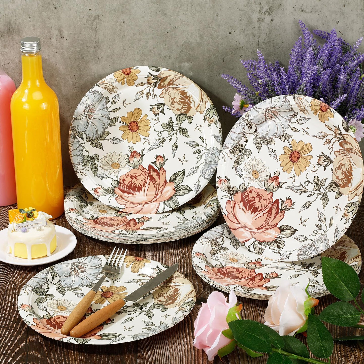 Uiifan 36 Pieces Vintage Flower Style Paper Plates, 9 Inches Elegant Wildflower Paper Plates Butterfly Disposable Plant Seashell Party Supplies for Garden Tea Wedding Birthday Shower (Floral)