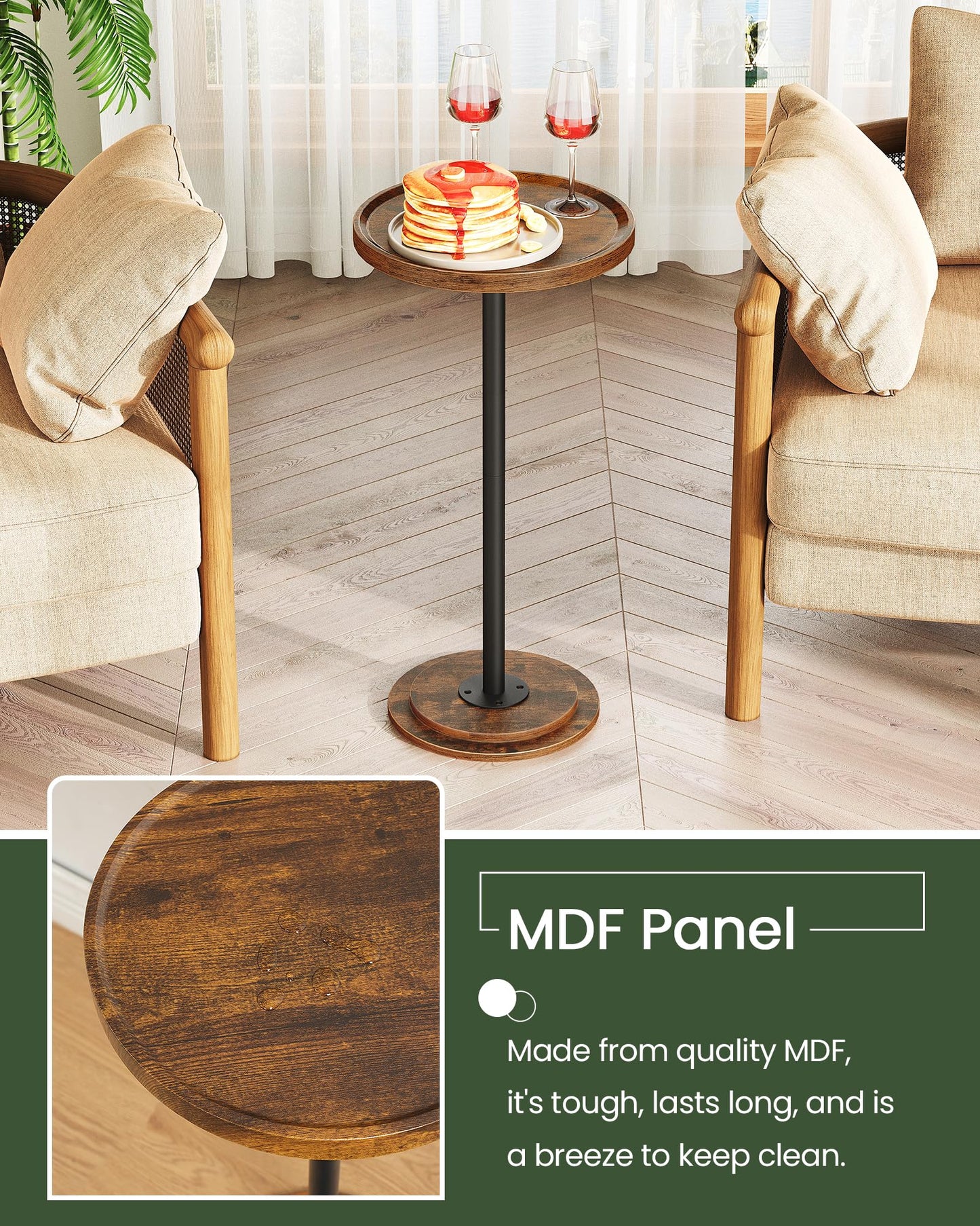 CHOEZON Small Round Side Table, Drink Table, Pedestal Table for Small Spaces, Martini Table, Thickened Base, Living Room, Bedroom, Office, Rustic Brown and Black TBZ30BF