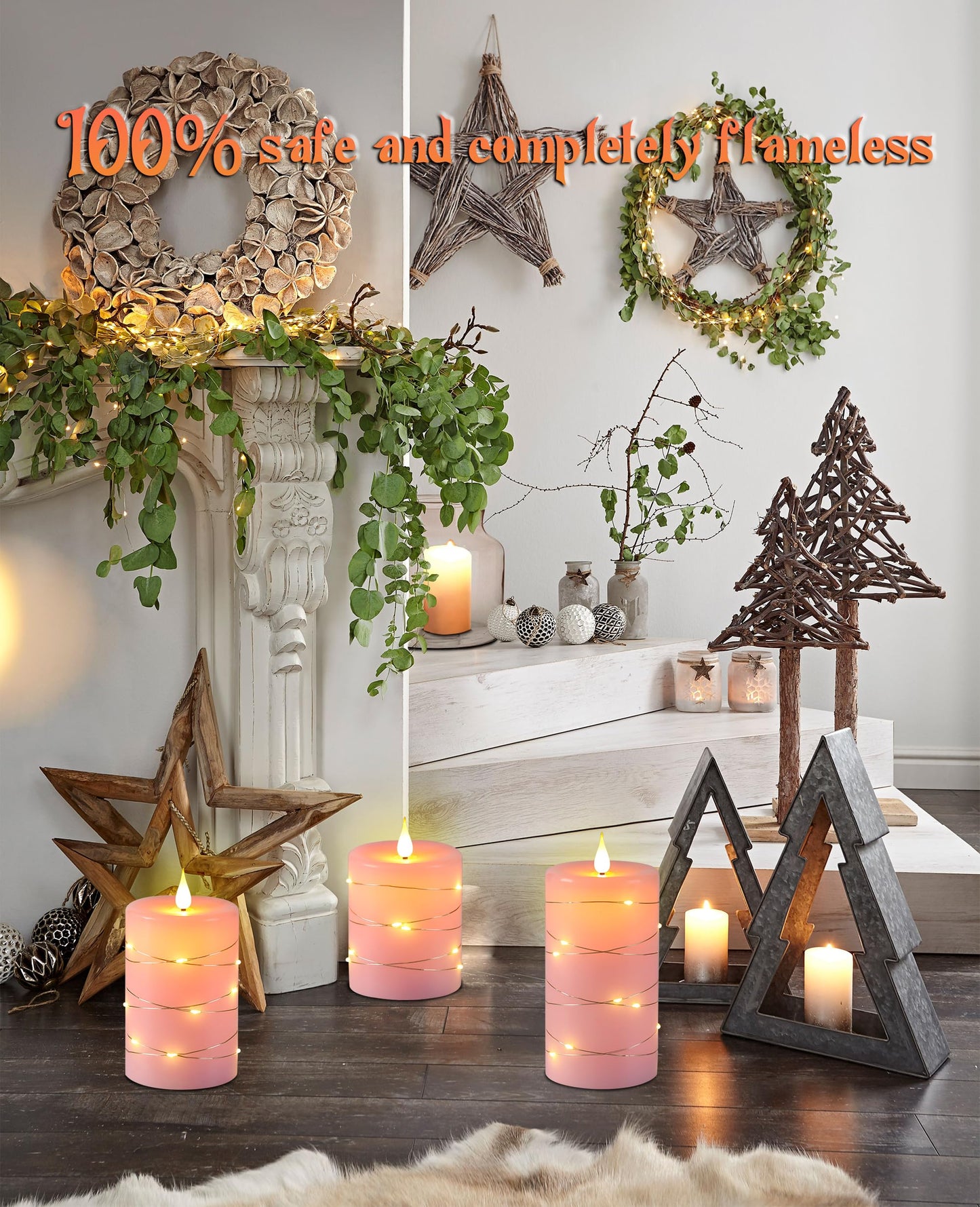 Upinmz Flickering Flameless Candles with Embedded String Lights, Battery Operated Candles with Remote Control and Timer,Flameless LED Candles for Home Decoration,Real Wax, Set of 3-Pink