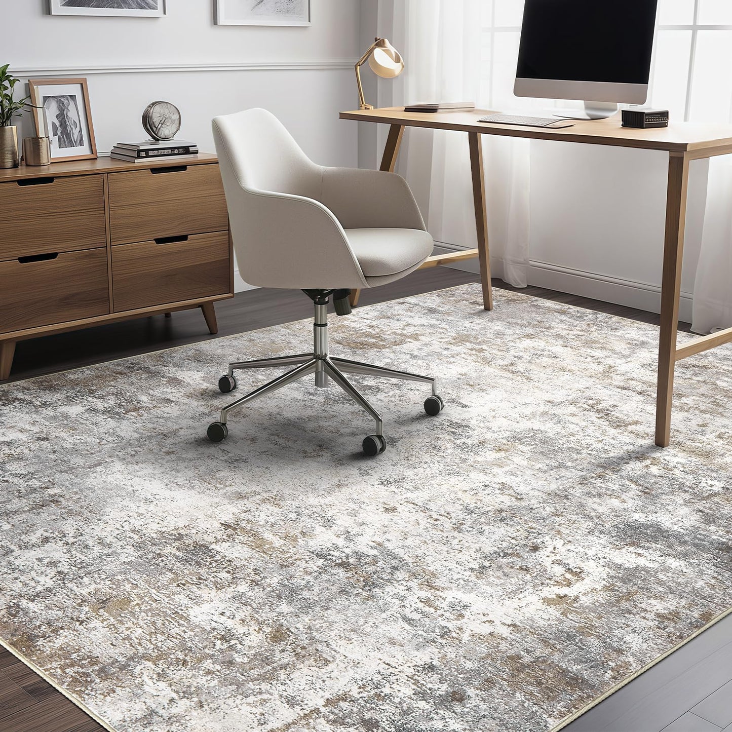 UERMEI 5x7 Area Rug Living Room Rugs - Washable Neutral Modern Abstract Soft Thin Large Rug Indoor Floor No Slip Rug Carpet for Bedroom Under Dining Table Home Office Decor - Brown Grey