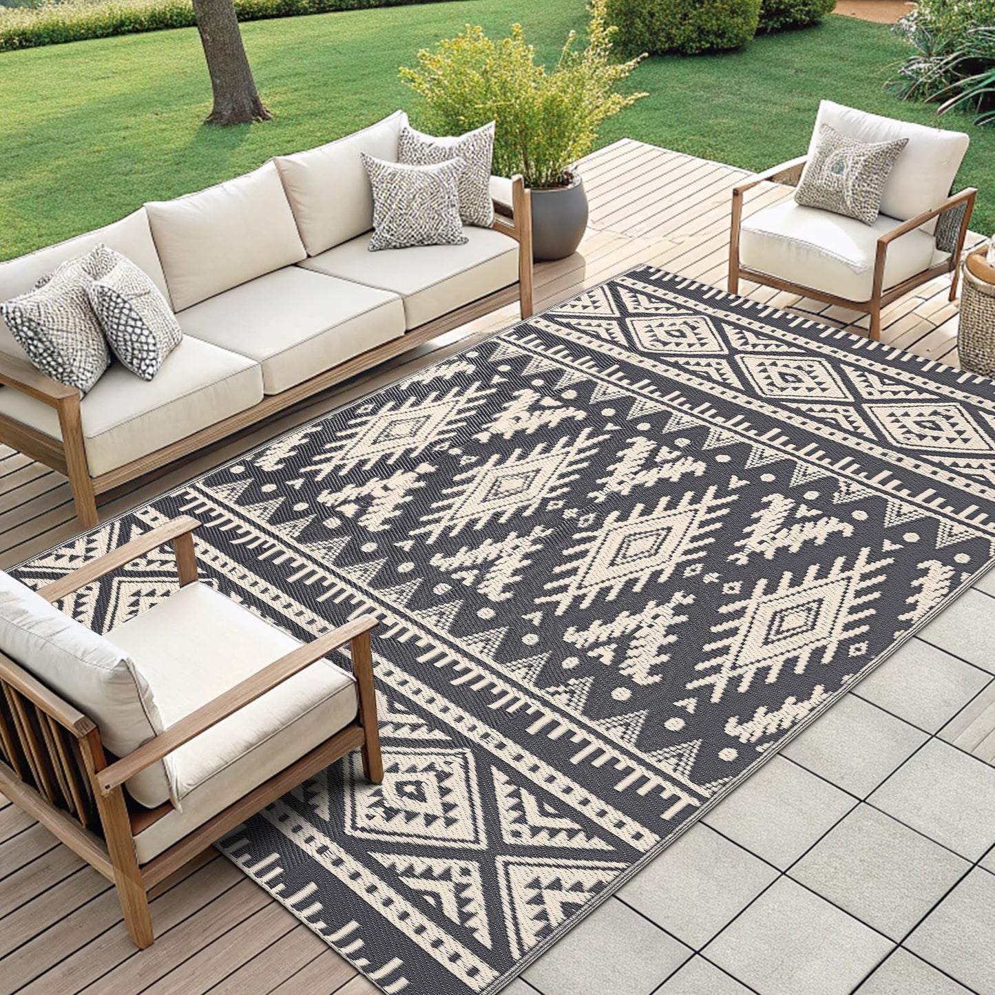 OLANLY Waterproof Outdoor Rug 5x8 ft, Reversible Plastic Straw Patio Camping Rugs, Large Foldable Outdoor Carpet Deck Rugs for Patio, RV, Outside Entry, Backyard, Bench, Picnic, Black & Beige