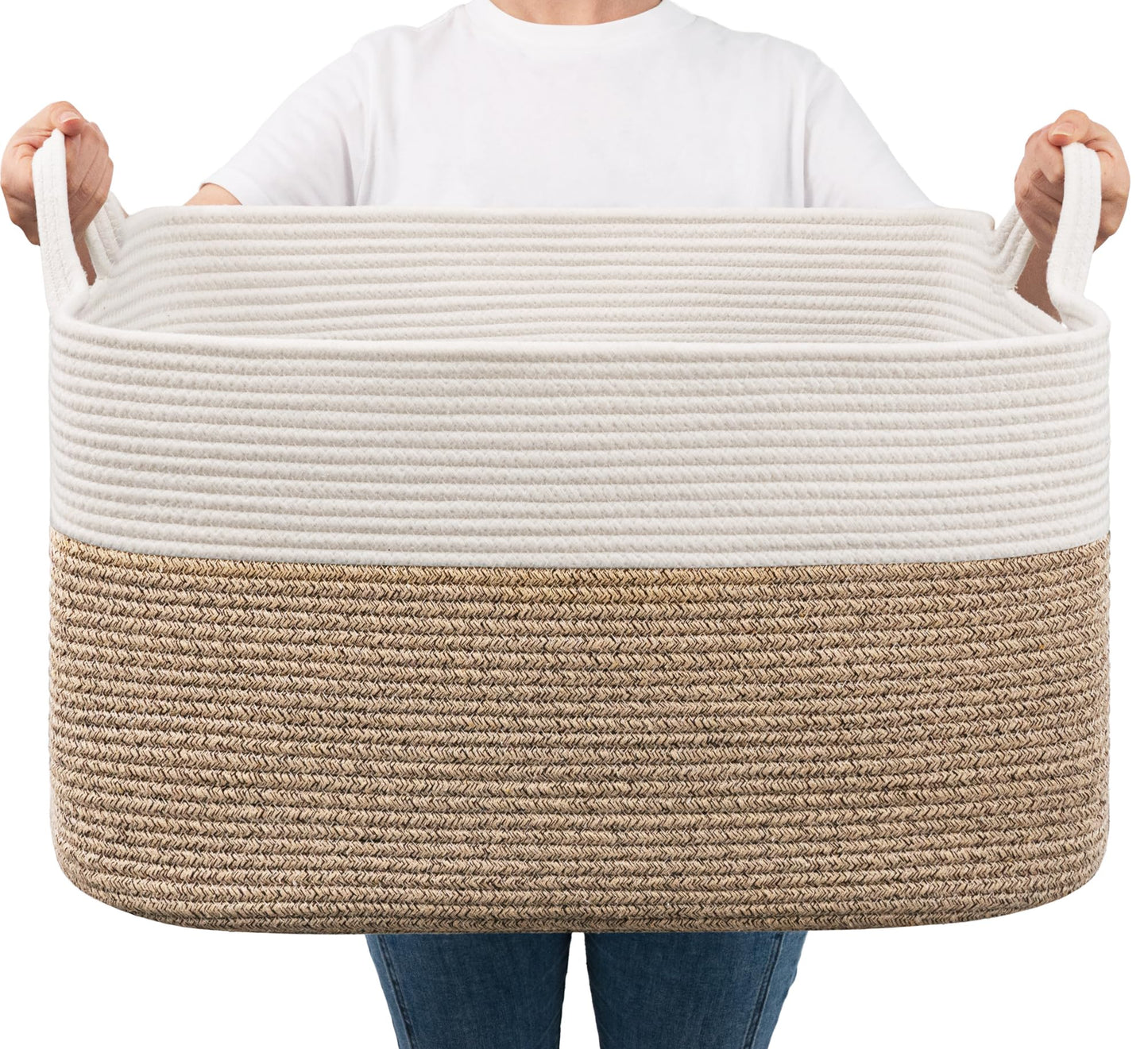 Goodpick Large Storage Basket 21.6" x 14.9" x 11.8", Blanket Baskets for Living Room, Woven Rope Storage Basket for Toys, Towels, Rectangle Laundry Dirty Clothes Baskets for Nursery, Mix Brown