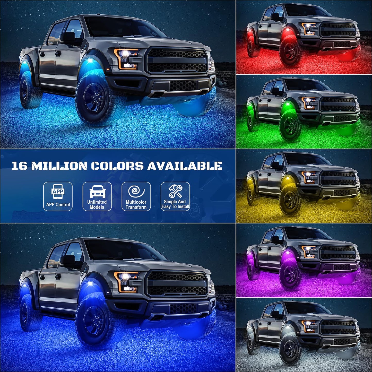 8 Pods RGB LED Rock Lights Kit with APP Control, Multi-Color 175° Beam Angle Car Underglow Lights for Trucks, Waterproof Music Mode, Neon Underbody Lights for Jeep UTV SUV ATV Boat Golf Cart Exterior
