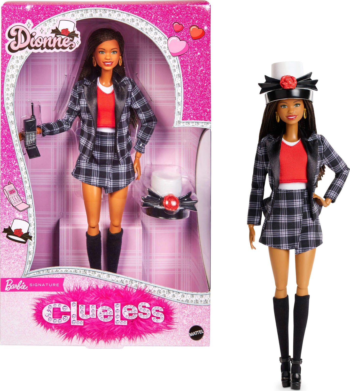 Barbie Signature Doll, Clueless Dionne Collectible with Black-and-White Plaid Suit, Top Hat, & Cell Phone Accessory