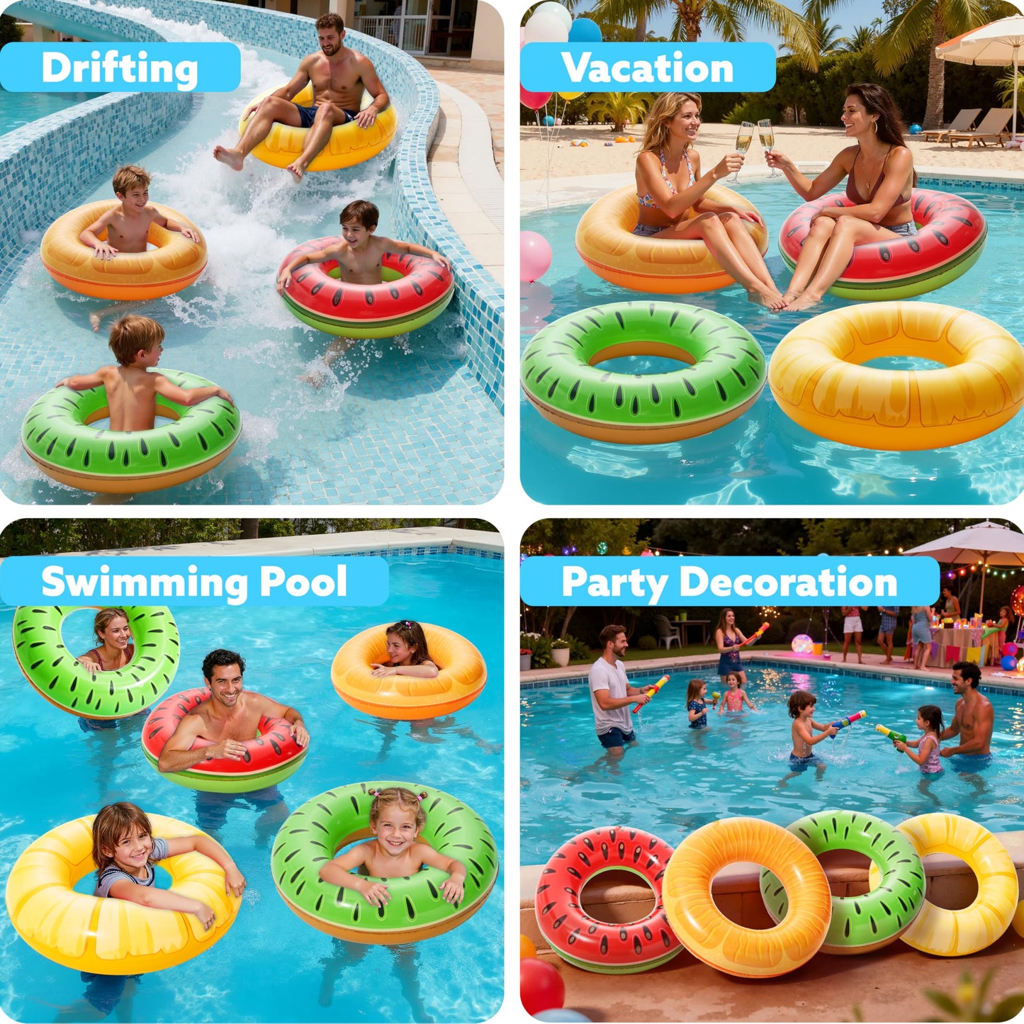 Sloosh 4 Pack Inflatable Pool Floats Pool Rings Swimming Tubes Swimming Toys Beach Swimming Party Toys for Kids and Adults