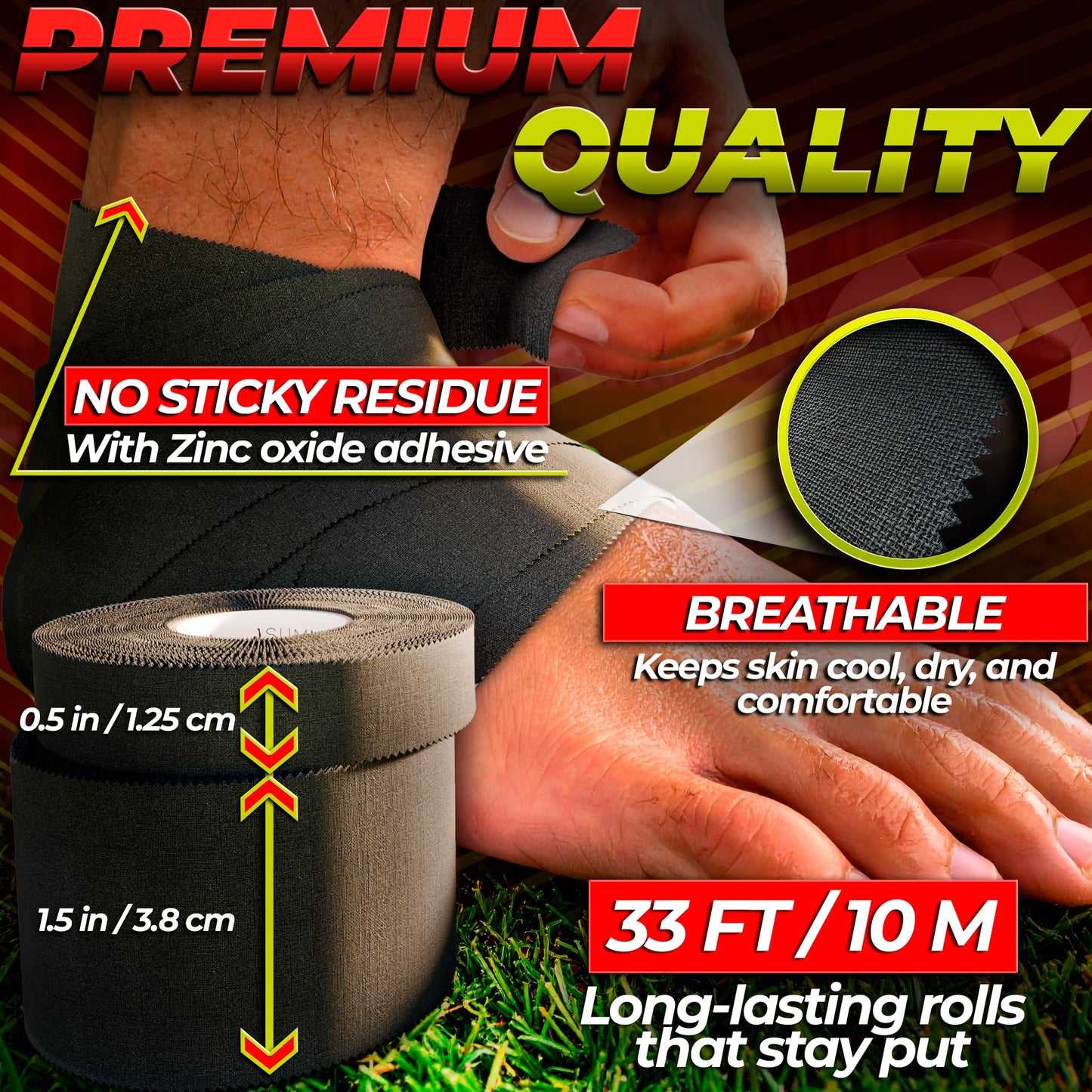 Summum Fit Black Athletic Tape Extremely Strong: 24 Rolls + 6 Finger Roll. Easy to Apply & No Residue. Sports Tape Athletic for Boxing Football Climbing or Gymnastics for Wrist Ankle & Hand Protection