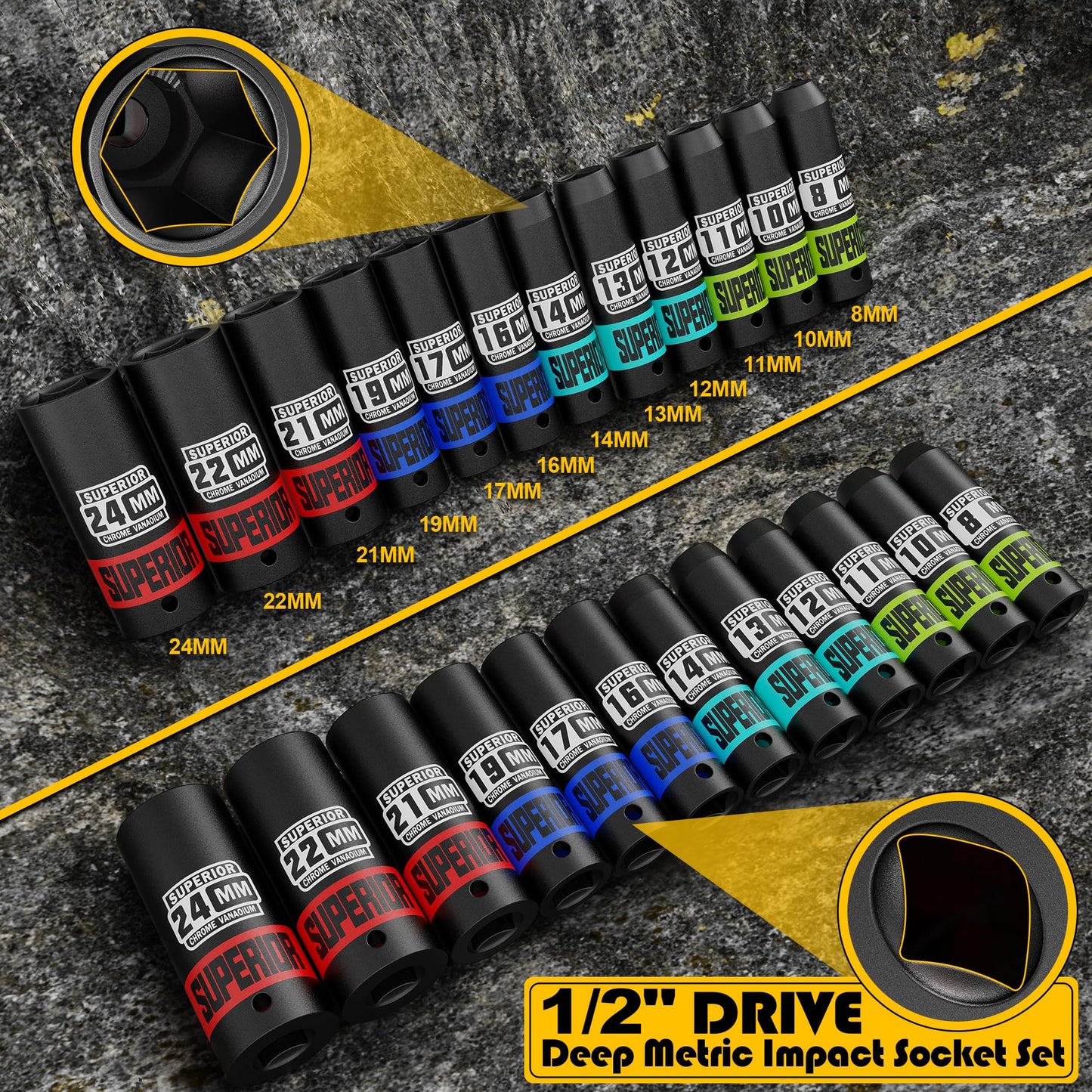 Aiourx 14 Piece 1/2" Drive Impact Socket Set, Metric Deep Socket, CR-V Steel, 6 Point, 8mm to 22mm, Automobile Repair, Equipment Maintenance