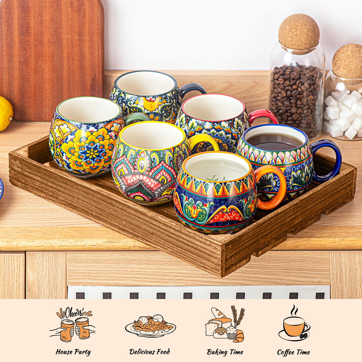 Henten Home Porcelain Latte Mug Set of 6, 20 oz Colorful Coffee Cup with Handle, Boho Ceramci Mug for Cappuccino, Milk, Tea, Hot Chocolate, Cocoa, Microwave & Dishwasher Safe