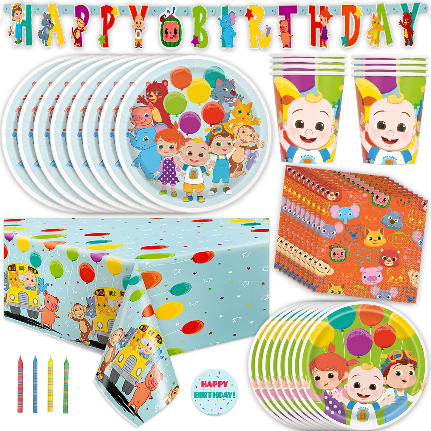 Cocomelon Party Supplies Set | Cocomelon Birthday Party Supplies and Decorations | Serves 16 Guests | With Banner, Table Cover, Plates, Napkins, Cups