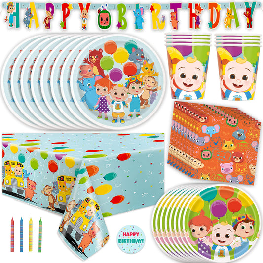 Cocomelon Party Supplies Set | Cocomelon Birthday Party Supplies and Decorations | Serves 16 Guests | With Banner, Table Cover, Plates, Napkins, Cups