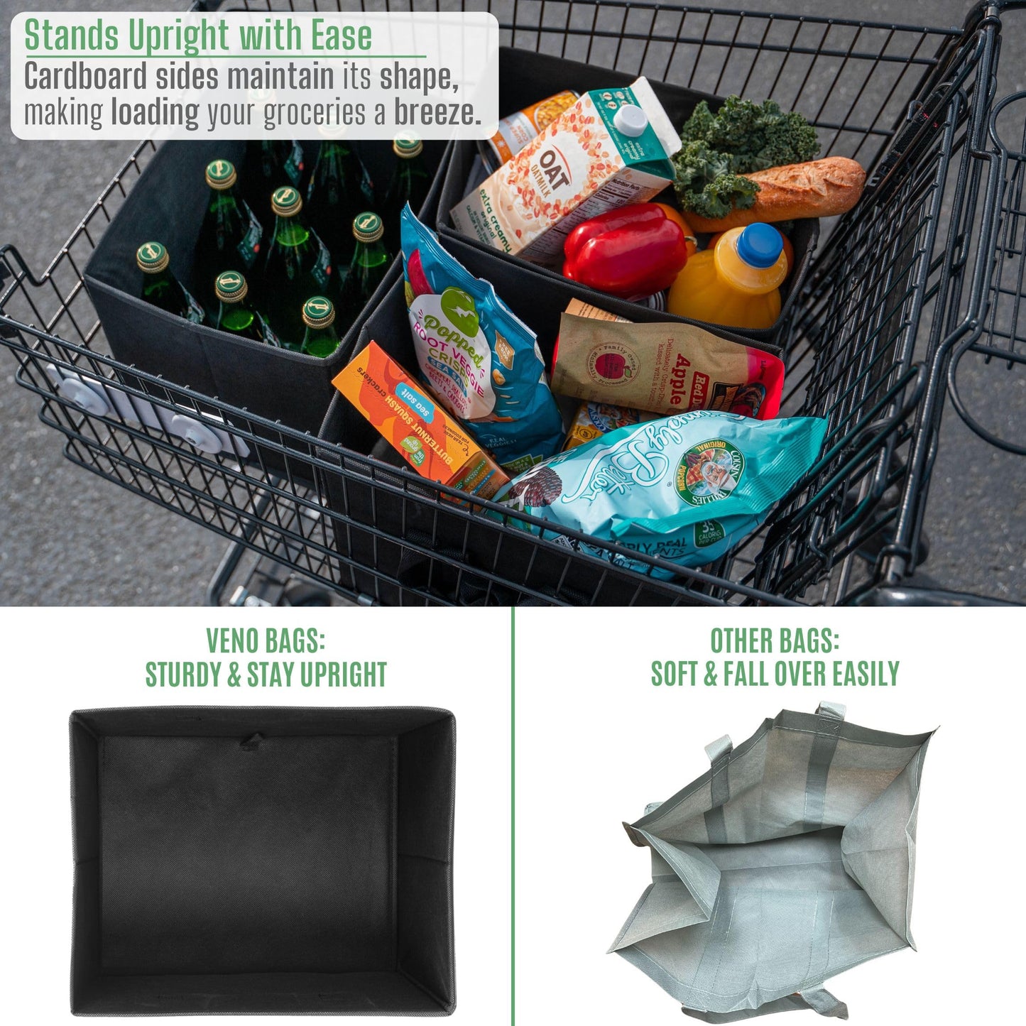 VENO 3-Pack Reusable Grocery Bag, Heavy Duty Shopping Bag, Shopping Cart Organizer, Foldable Grocery Tote Bag with Reinforced Hard Bottom