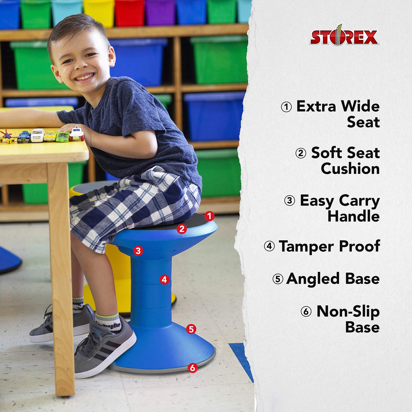 Storex 00301U01C Adjustable Wobble Chair, Non-Slip Base, 12-18 Inch Height, Blue
