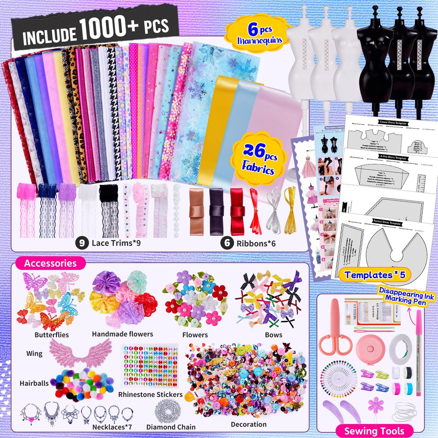 1000+Pcs Fashion Design Kit for Girls with 6 Mannequins - Sewing Kit for Kids Ages 6-12,Learning Craft Toys DIY Arts & Crafts for Girls Age 6, 7, 8, 9, 10-12, Gifts for Teen Girl