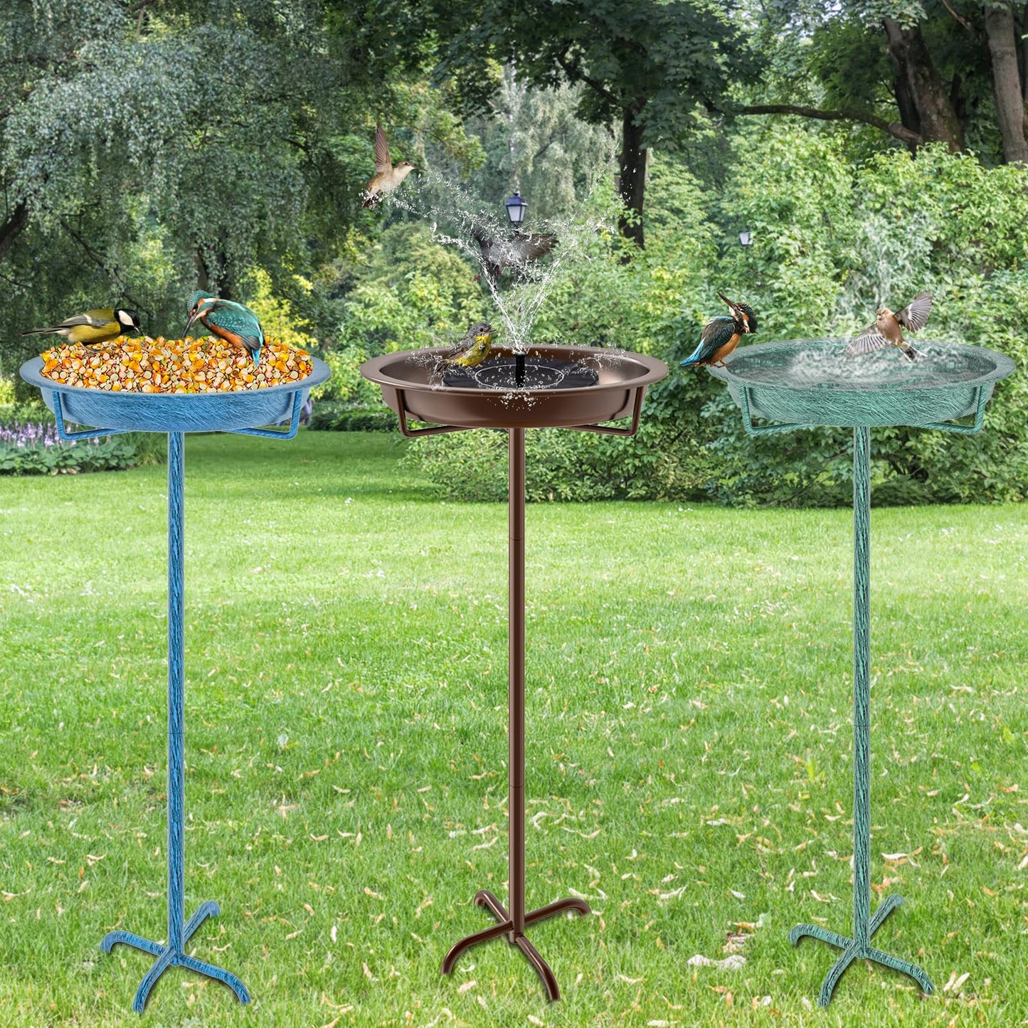 KHayRovies Metal Bird Bath for Outside, 36.2" Height Birdbath Bowl Standing Bird Feeders for Outdoors with 4 Prongs Base Stake, Freestanding Birdfeeders for Garden Yard Lawn Decor (Retro Blue)