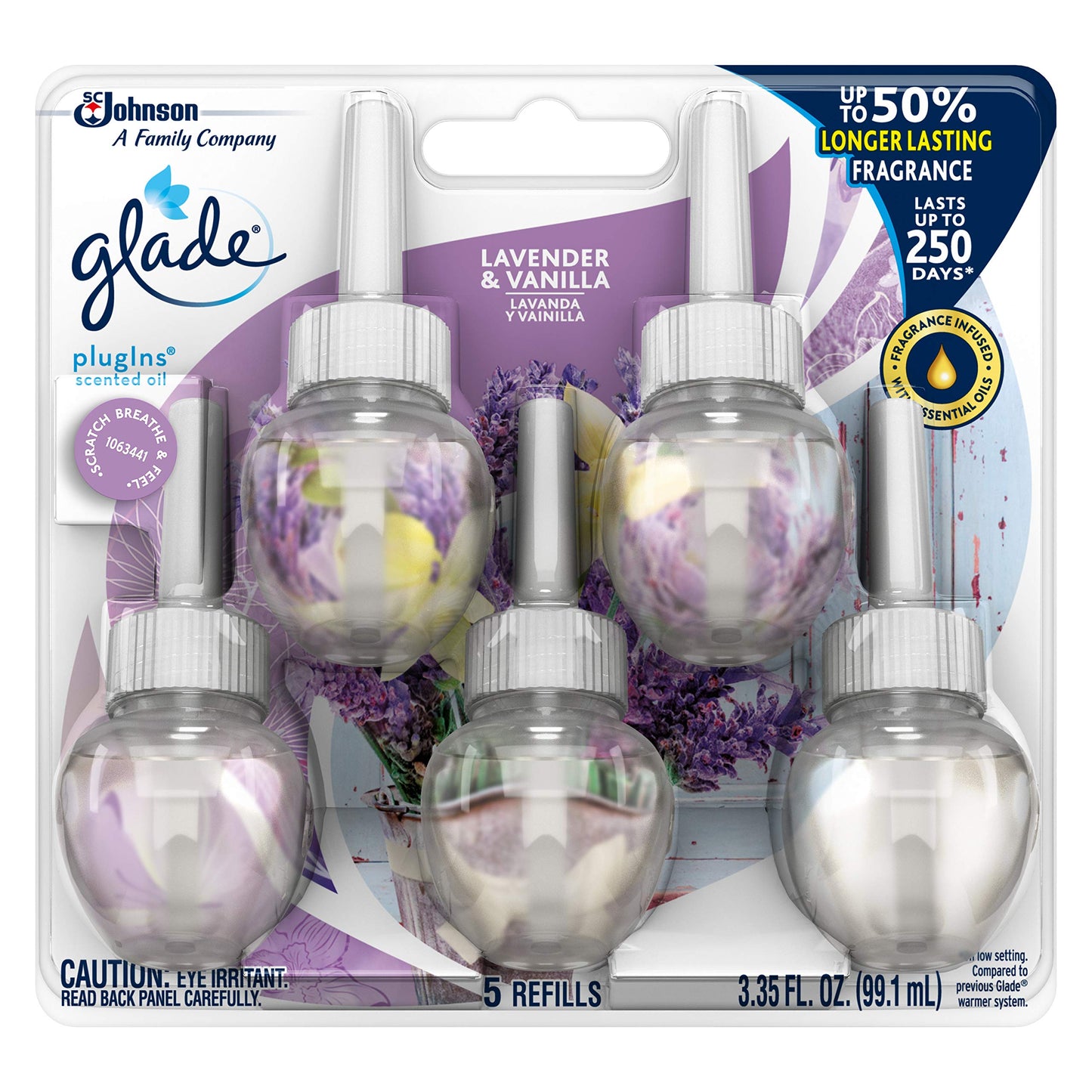 Glade PlugIns Refills Air Freshener, Scented and Essential Oils for Home and Bathroom, Lavender & Vanilla, 3.35 Fl Oz, 5 Count