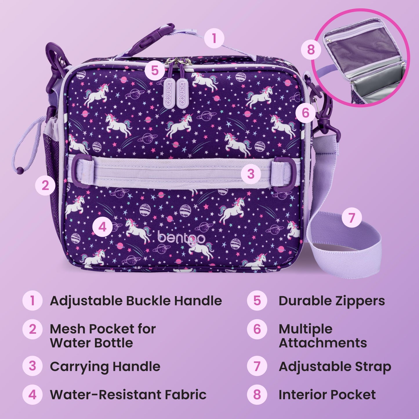 Bentgo Kids Lunch Bag - Durable, Double-Insulated Lunch Bag for Kids 3+; Holds Lunch Box, Water Bottle, & Snacks; Easy-Clean Water-Resistant Fabric & Multiple Zippered Pockets (Unicorn)