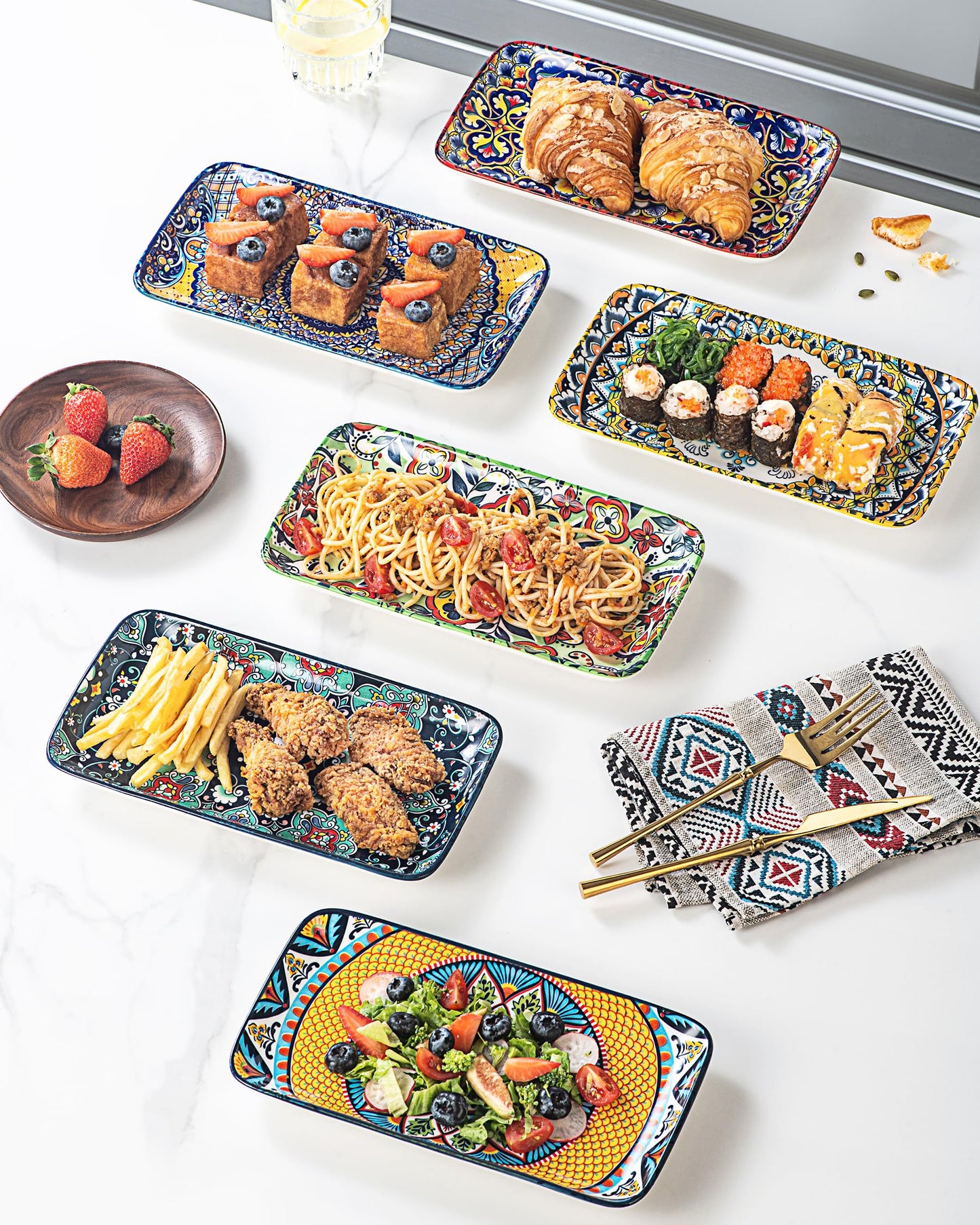 HENXFEN LEAD 10 Inch Rectangular Dinner Plates Set of 6 – Colorful Boho Design Porcelain Plates for Salad, Appetizer, Sushi & Dessert – Microwave, Oven & Dishwasher Safe