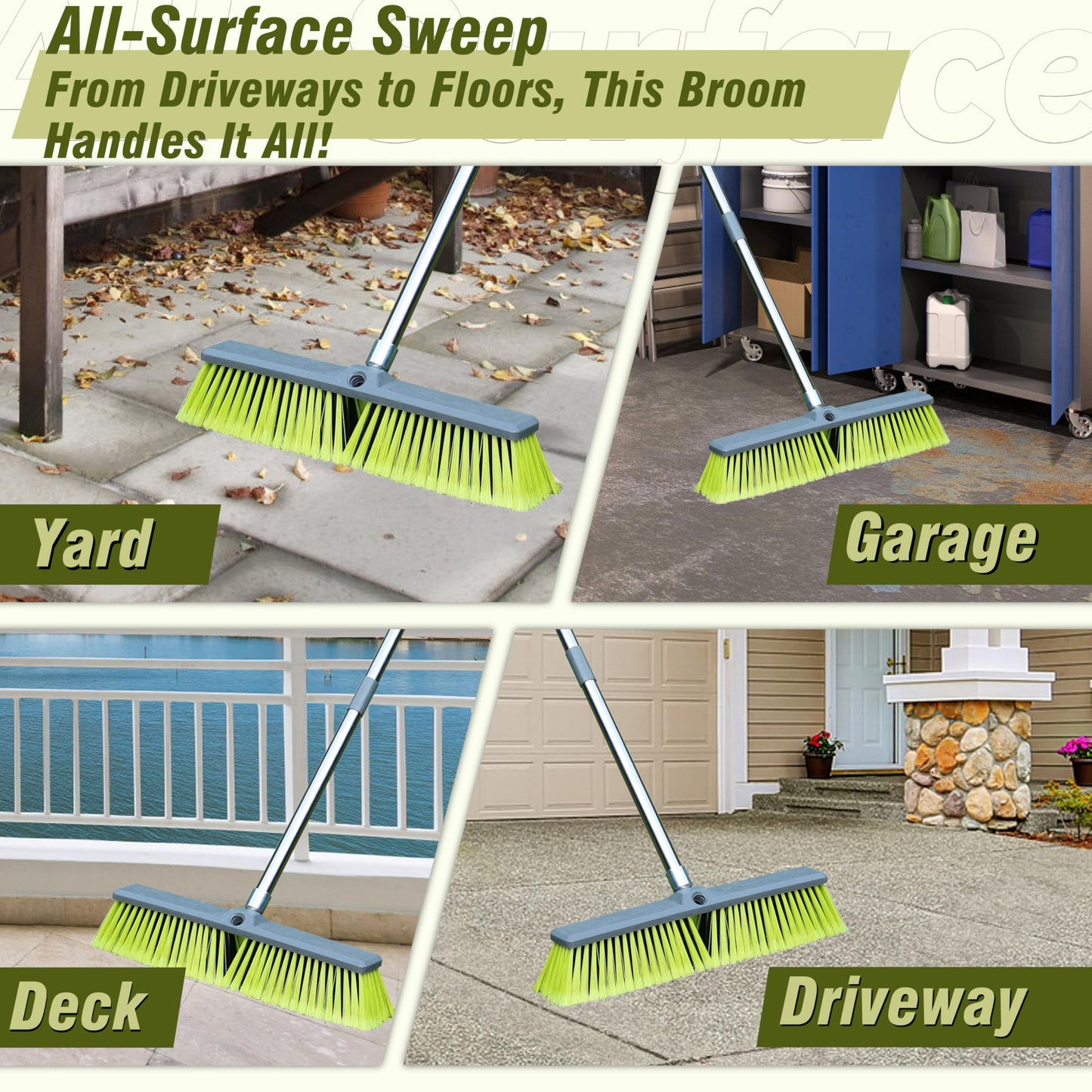 PHYEX Upgraded 18" Push Broom with Adjustable Long Handle, Total Length is 55", Multi-Surface Floor Scrub Brush for Cleaning Deck, Patio, Garage, Driveway