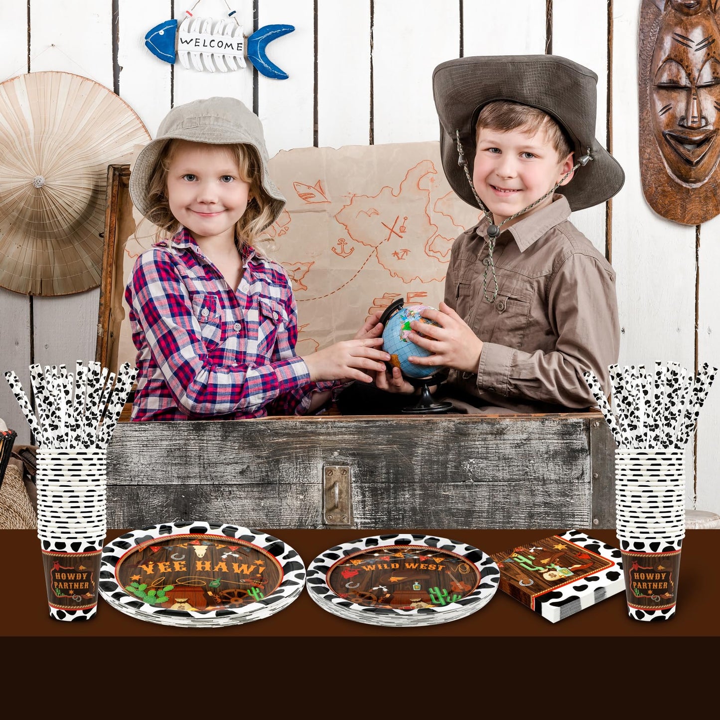 Western Birthday Party Supplies Decorations, Cowboy Wild West Theme Birthday Paper Plates and Napkins Set with Cups and Straws for 24 Guests, 120 Pcs Disposable Party Dessert Dinnerwares