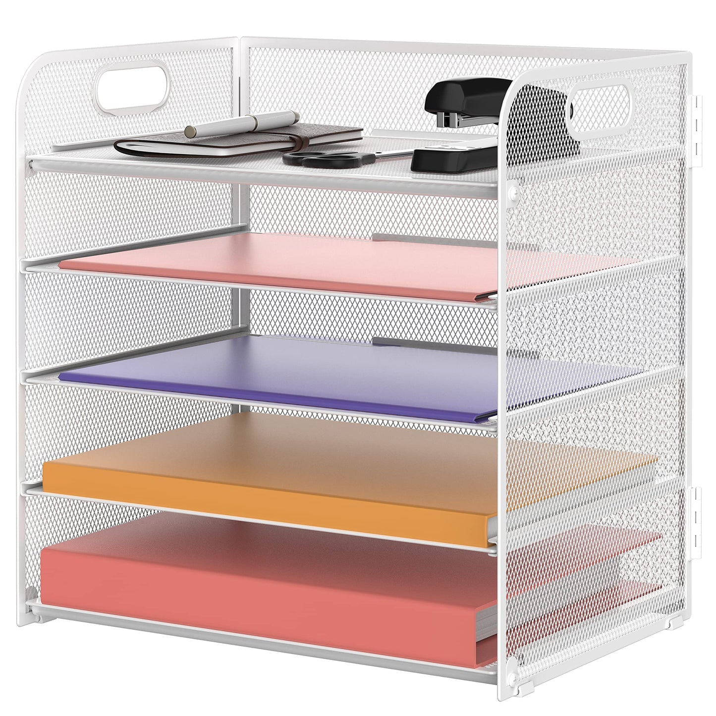 Supeasy 5 Trays Paper Organizer Letter Tray with Handle-Mesh Desk File Organizer, Paper Sorter for Office, Home or School, White