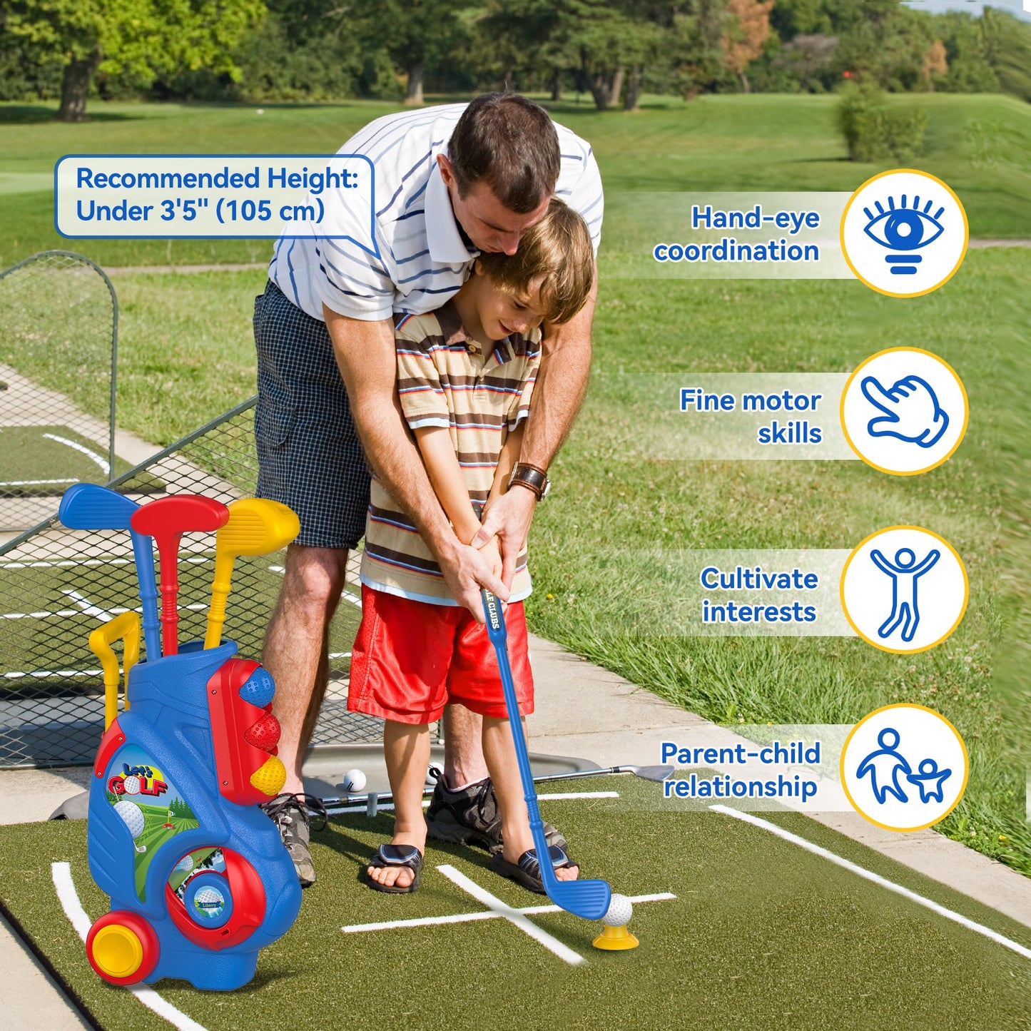 Liberry Toddler Golf Set, Upgraded Kids Golf Cart with Unique Shoulder Strap Design, Indoor Outdoor Golf Toys Gift for Boys Girls Aged 1 2 3 4 Years Old, Blue