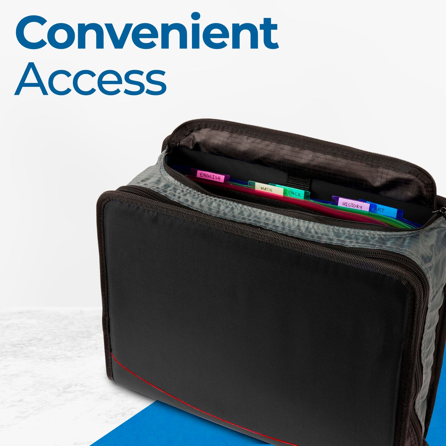 Case-it The Mighty Zip Tab Zipper Binder - 3 Inch O-Rings - 5 Color Tab Expanding File Folder - Multiple Pockets - 600 Sheet Capacity - Comes with Shoulder Strap - Jet Black D-146