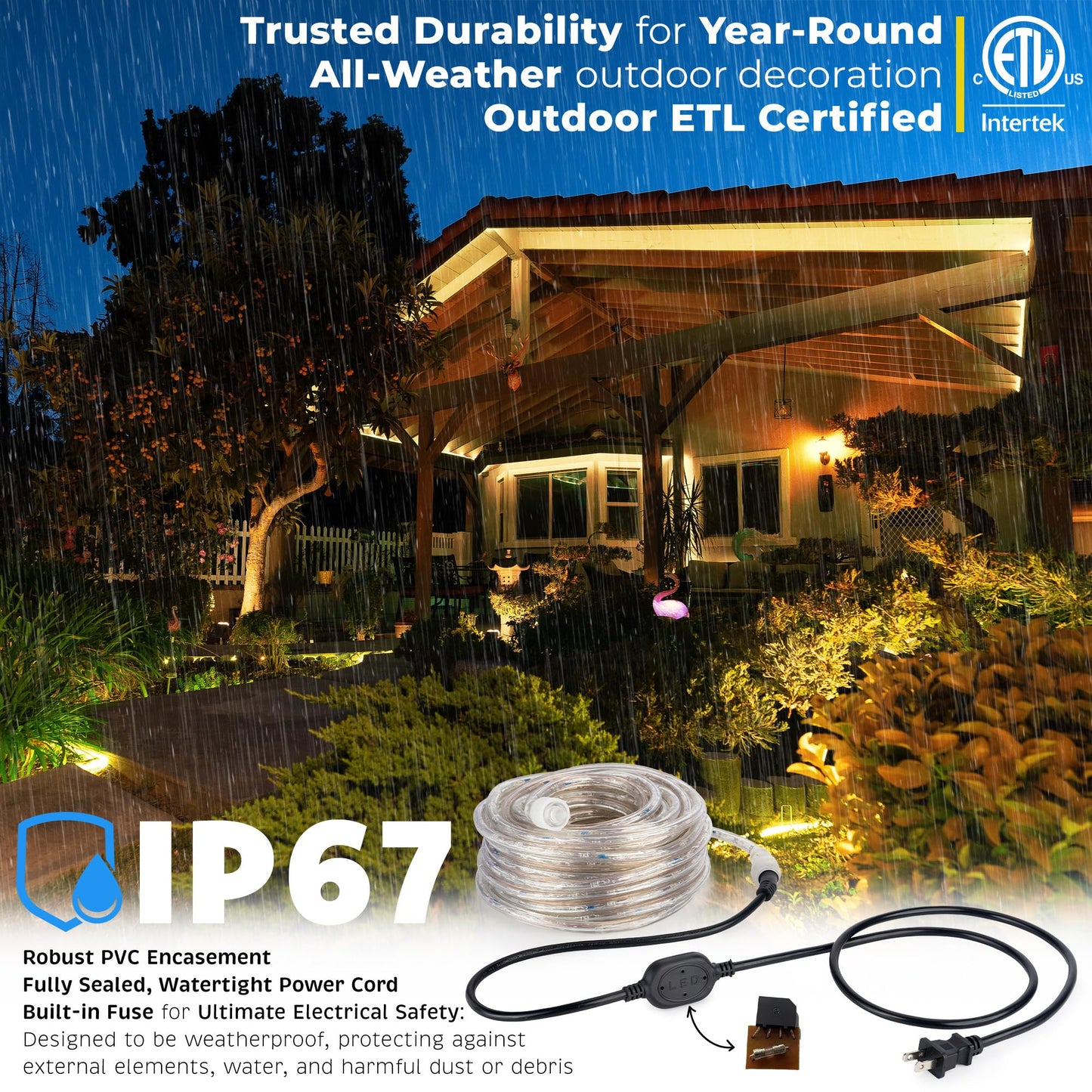 WYZworks 288LEDs, 25ft LED Outside Rope Lights, Waterproof Permanent Outdoor ETL Certified Connectable Clear Tube, Christmas Palm Tree Holiday Decorative Landscape Patio Accent Lighting - Warm White