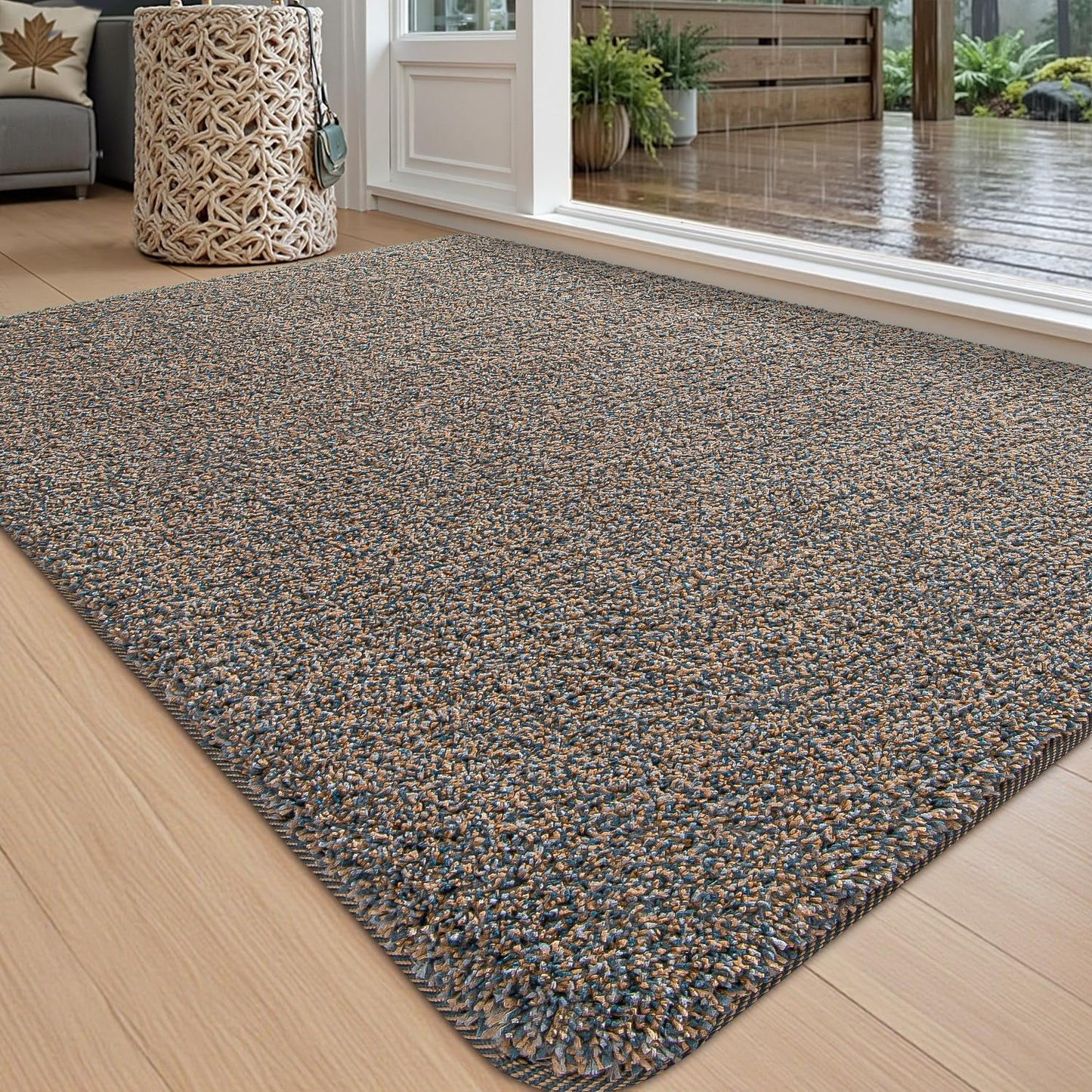DEXI Indoor Door Mat Front Entrance, 35x59 Non Slip Dirt Trapper Soft Entry Rug, Absorbent Washable Doormat for Inside Entryway Floor Carpet, Brown-Blue