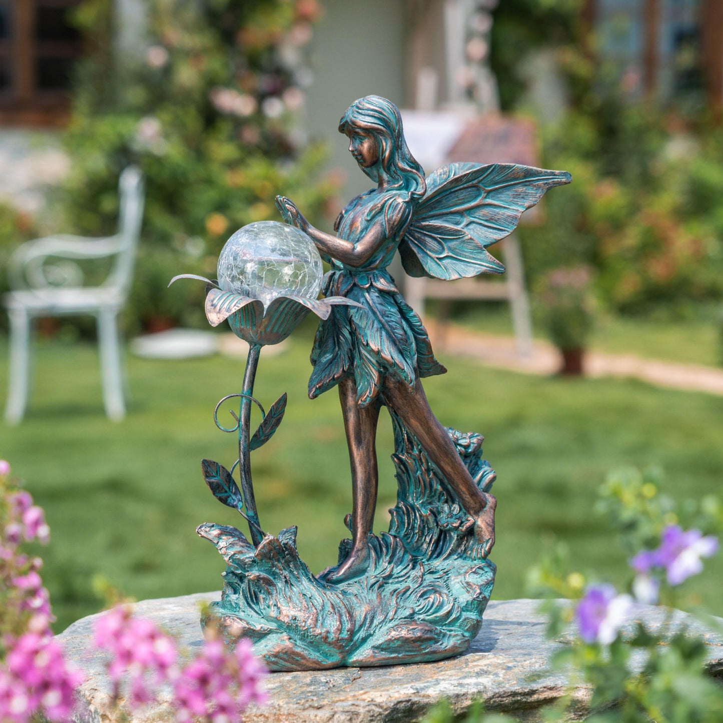TERESA'S COLLECTIONS Garden Fairy, Large Bronze Garden Sculptures & Statues with Solar Outdoor Light, Yard Art Lawn Ornaments for Outdoor Decor, Ideal Housewarming Gifts for Mom Mother Day 10.6"