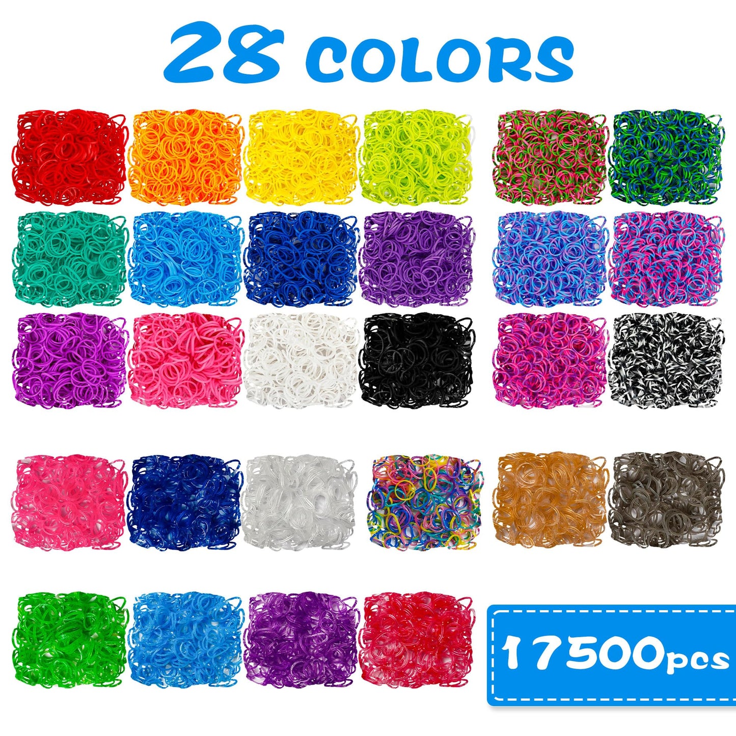 17500+ Rubber Loom Bands with 3 Layer Deep Blue Container, 28 Colors, 600 S-Clips, 352 Beads, 40 Cartoon Pendant, Bracelet Making Refill Kit for Kids