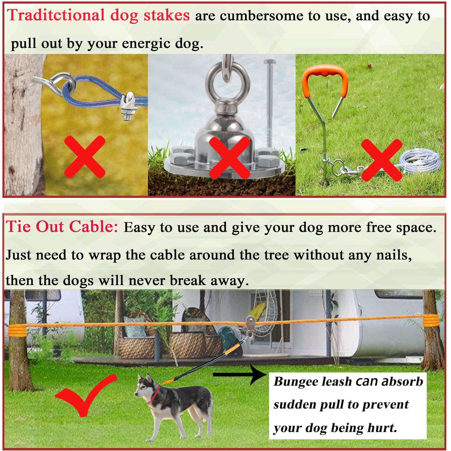 ZENGSUSU Dog Tie Out Cable 100/75/50/33 ft for Large Dogs Up to 300LB, Long Dog Lead Kit with Trolley System Runner Cable for Camping (Orange with Bungee Leash, 100ft for Two Dogs-Reflective)