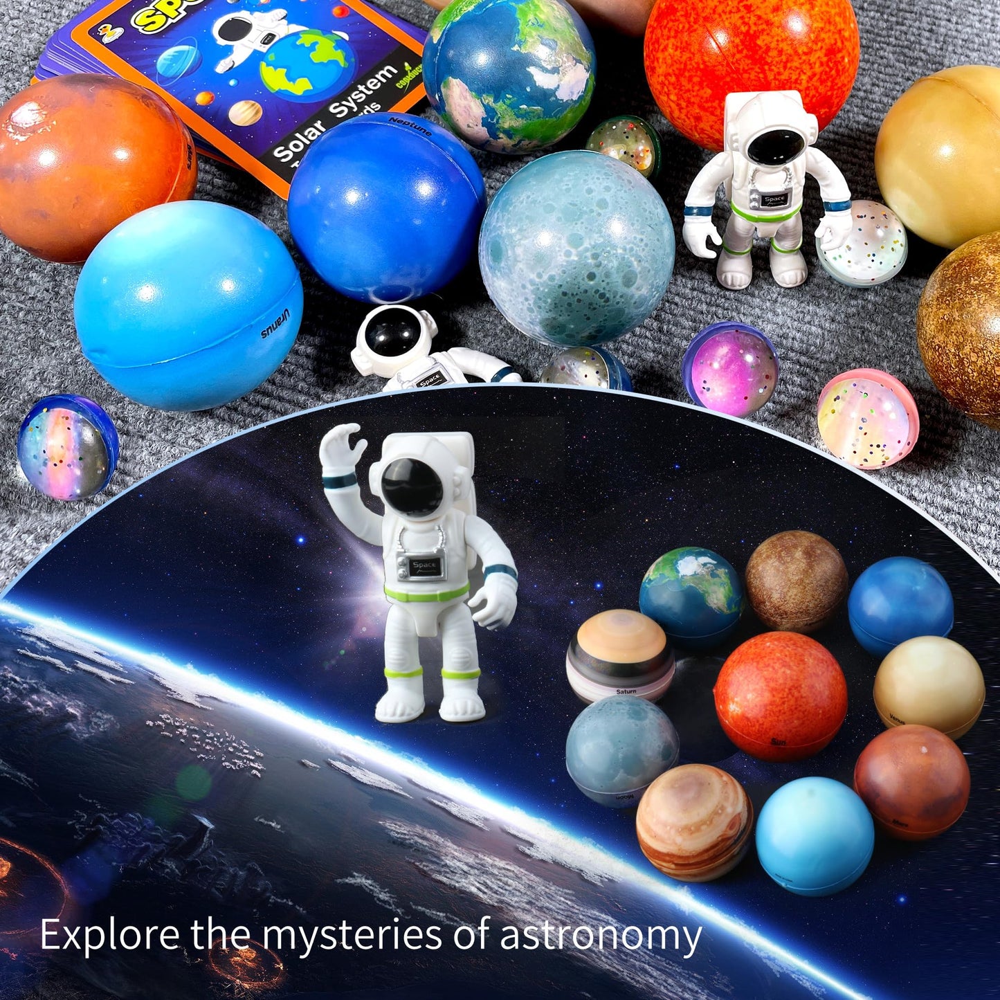 Solar System Planets Stress Balls Toys for Kids, Adult, Space Astronauts Toy, STEM Educational Sensory Toys for Autistic Children Non-Toxic, with 16 Spaceballs, 2 Astronauts, 1 Mesh Storing Bag