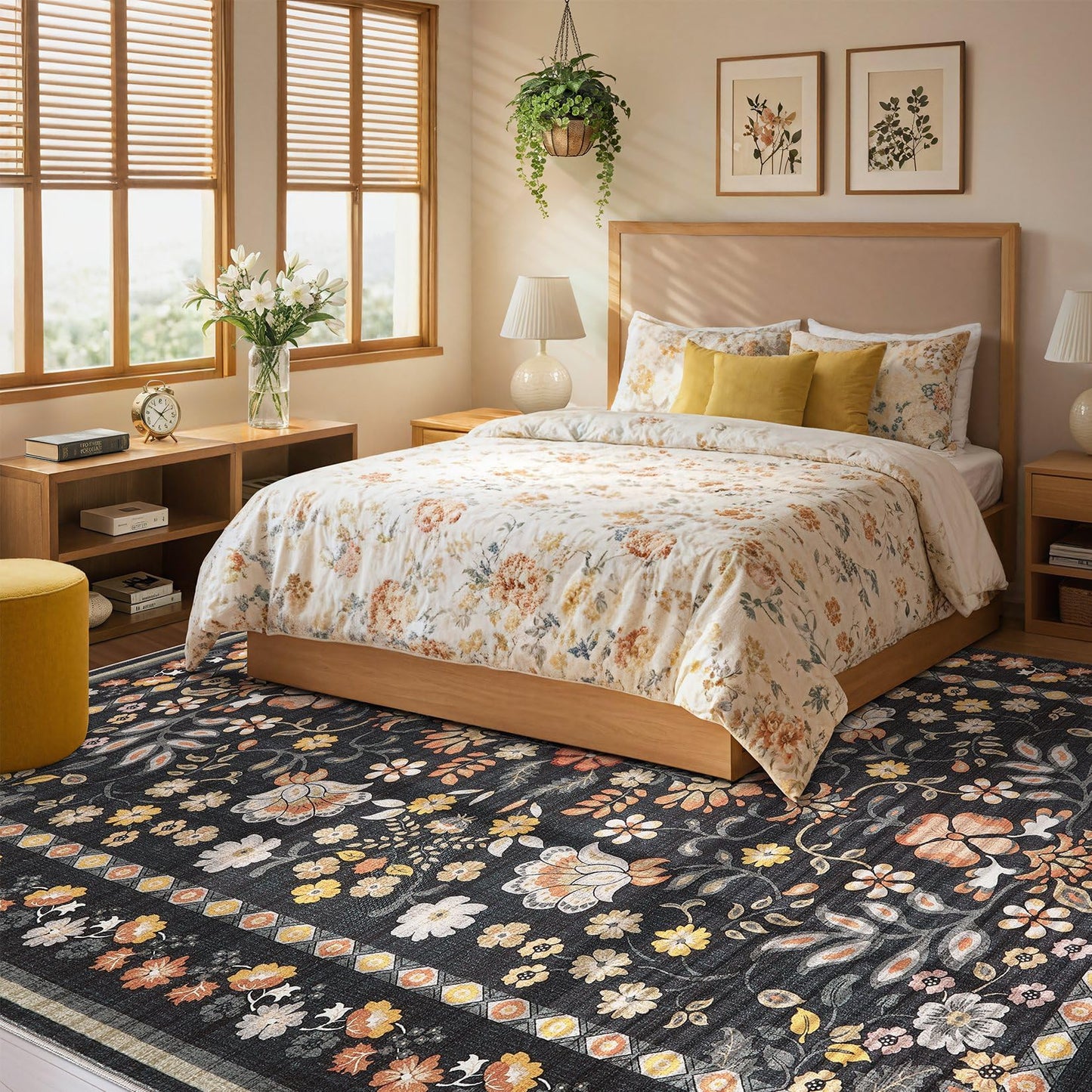Uermei 5x7 Area Rug for Living Room: Washable Boho Floral Soft Non-Slip Low Pile Carpet for Bedroom Dining Room Kids Playroom Office Decor Indoor-Black Grey